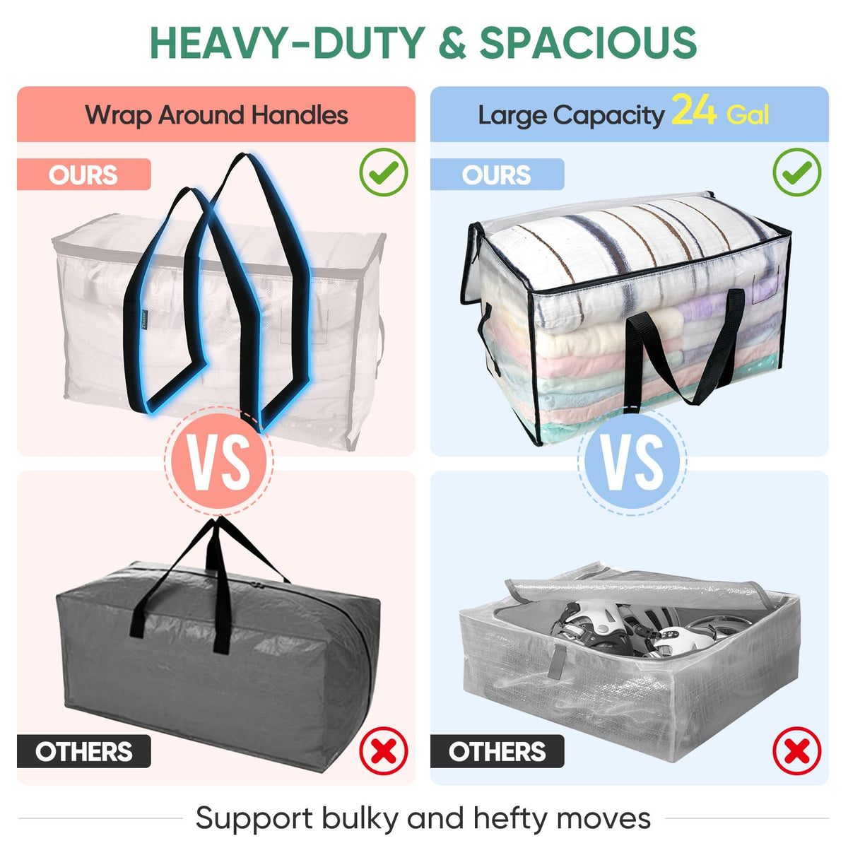 BALEINE 6-Pack Oversized Moving Bags with Reinforced Handles, Heavy-Duty Storage Tote for Clothes, Moving Supplies (Clear, 6-Pack)