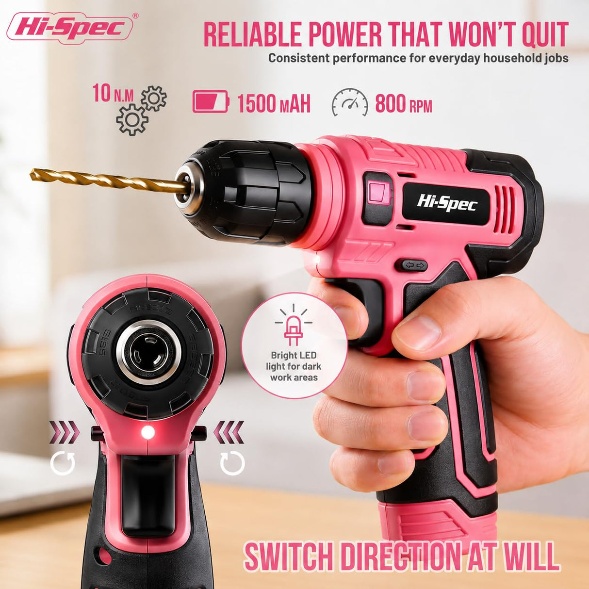 Hi-Spec Pink Tool Set with 8V Drill Set. Complete Cordless & Rechargeable USB Electric Drill Driver Kit for Women, Home DIY Repair & Maintenance, in a Compact Toolbox.