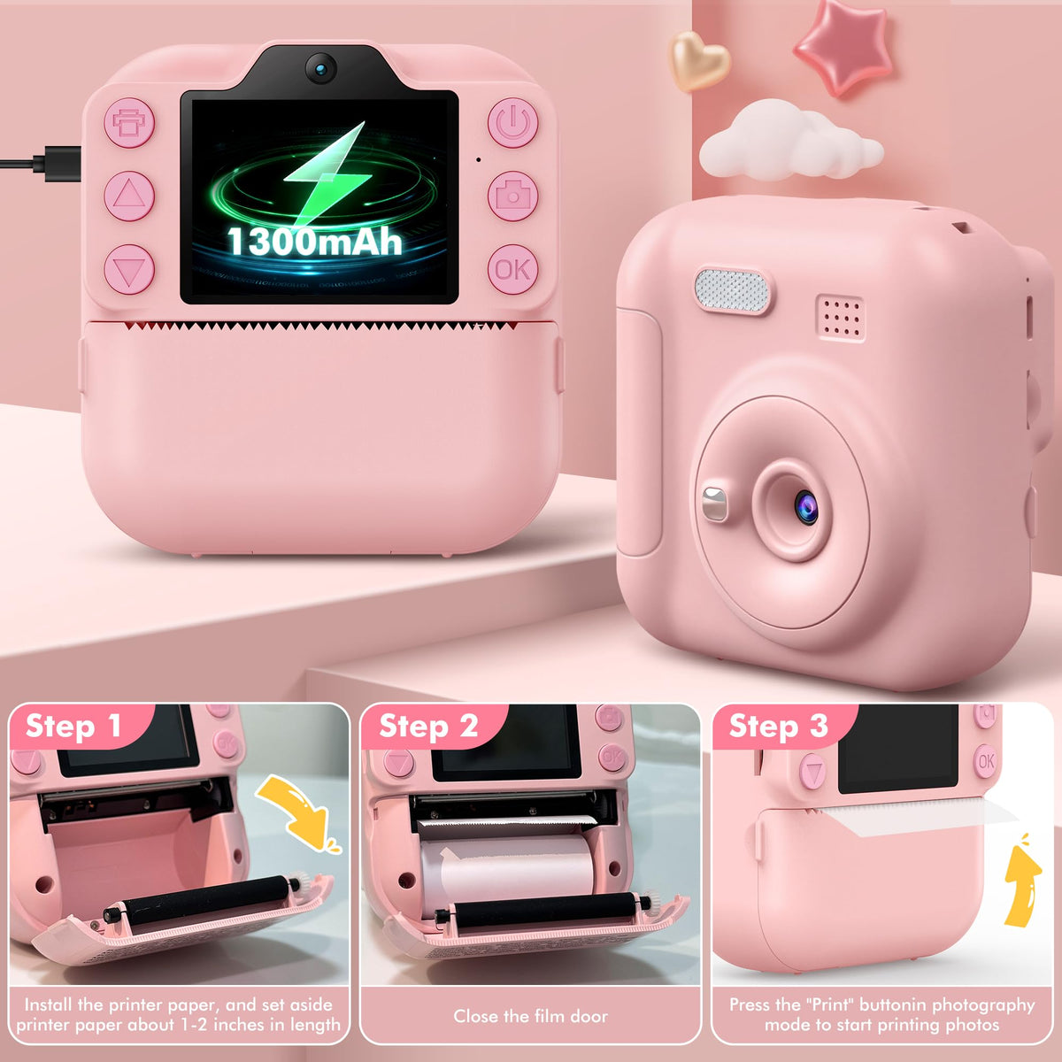 Kids Instant Camera with 64GB SD Card, Portable Digital Camera Toy for Girls and Boys Ages 3-12, Toddler Christmas and Birthday Gift for 3 4 5 6 7 8 9 10 Year Old Kids (Blue) (Pink)