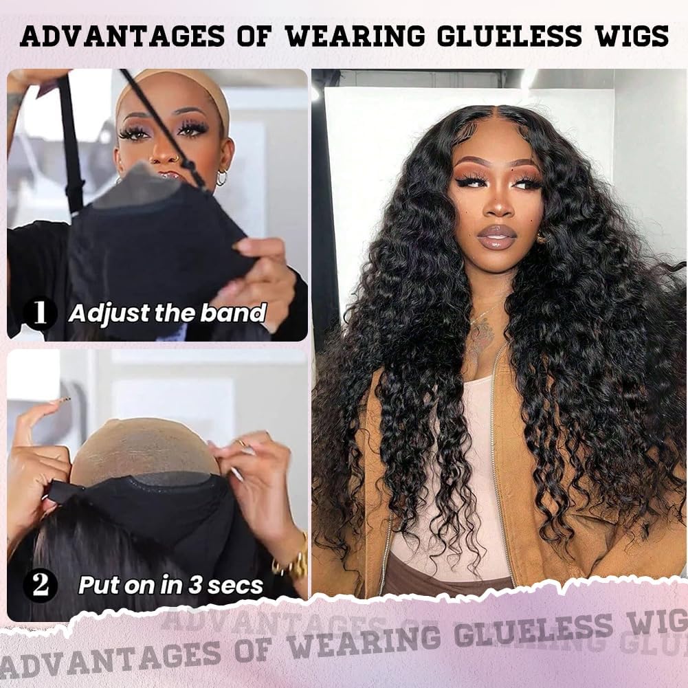 Glueless Curly Wigs Human Hair 7x5 Wear and Go Wig Human Hair Pre Plucked Pre Cut Black Deep Wave Closure Lace Front Wigs Human Hair 12a 220% Density Loose Curly Wig Bleached Knots for Women 28 Inch