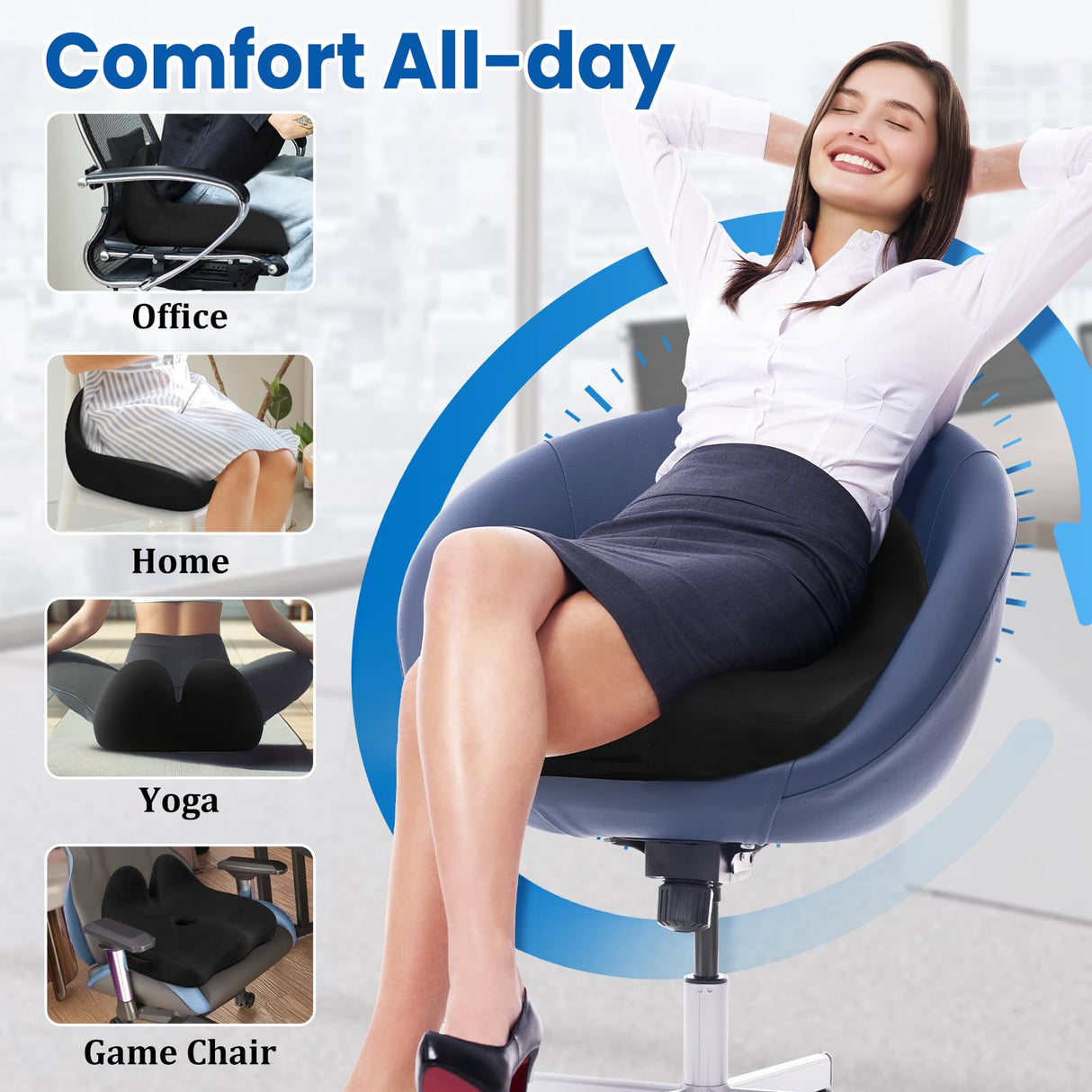 CushZone Seat Cushion, Memory Foam Office Chair Seat Cushion for Office Chairs/Car/Long Trip/Desk Chair/Gaming, Extra Large Size for Sciatica & Hip & Tailbone Pain Relief, Sciatica Support (Black)