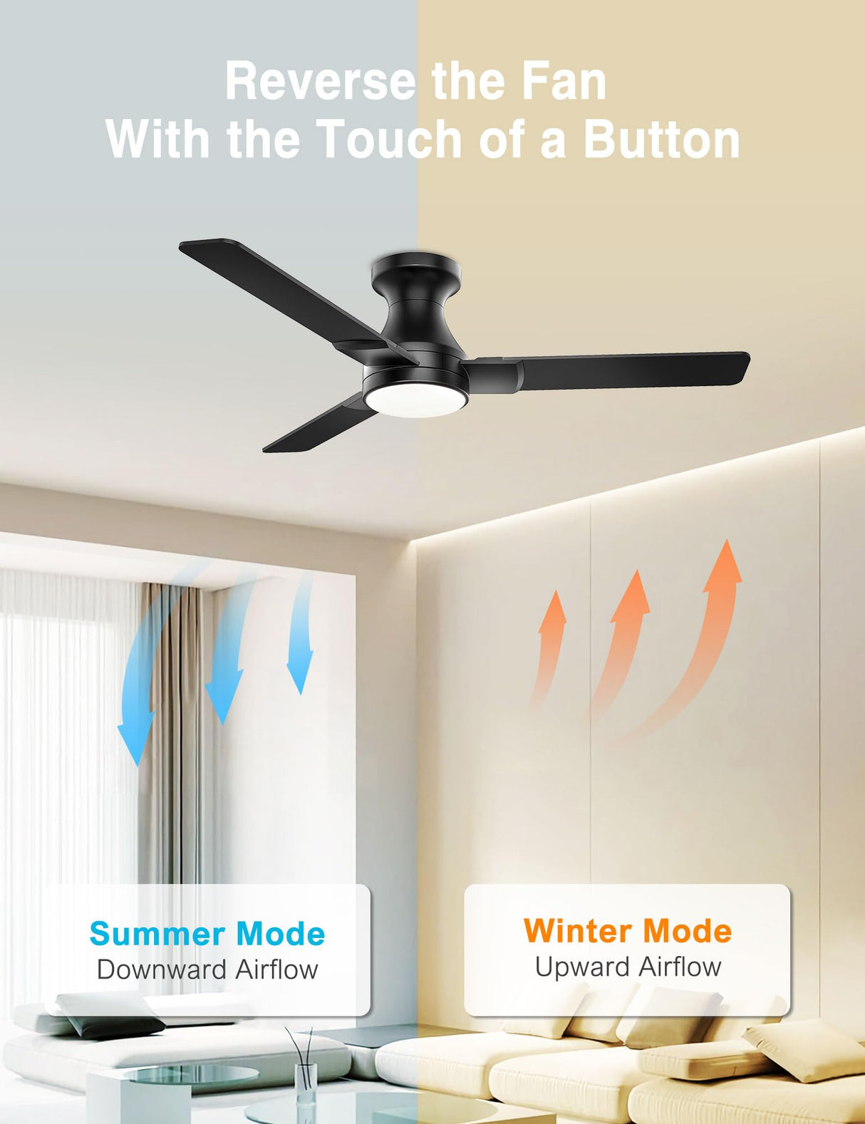 DAMINY 42 inch Ceiling Fans with Lights,3 Blades,3CCT, Low Profile Ceiling Fan with Light and Remote Control,Ceiling Fan for Bedroom, Kitchen,Indoor/Outdoor Use,Flush Mount-Black