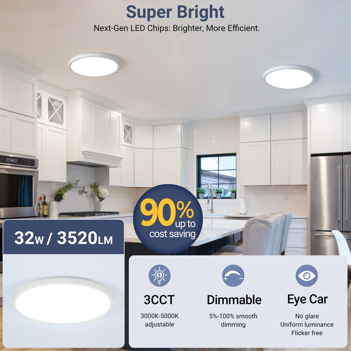 YELIOLED 6 Pack 15.8Inch 3520LM LED Flush Mount Ceiling Light, 32W Dimmable & 3000K/4000K/5000K 3CCT Seletable, Round LED Ceiling Light for Bedroom Living Room Kitchen Hallway Office, White