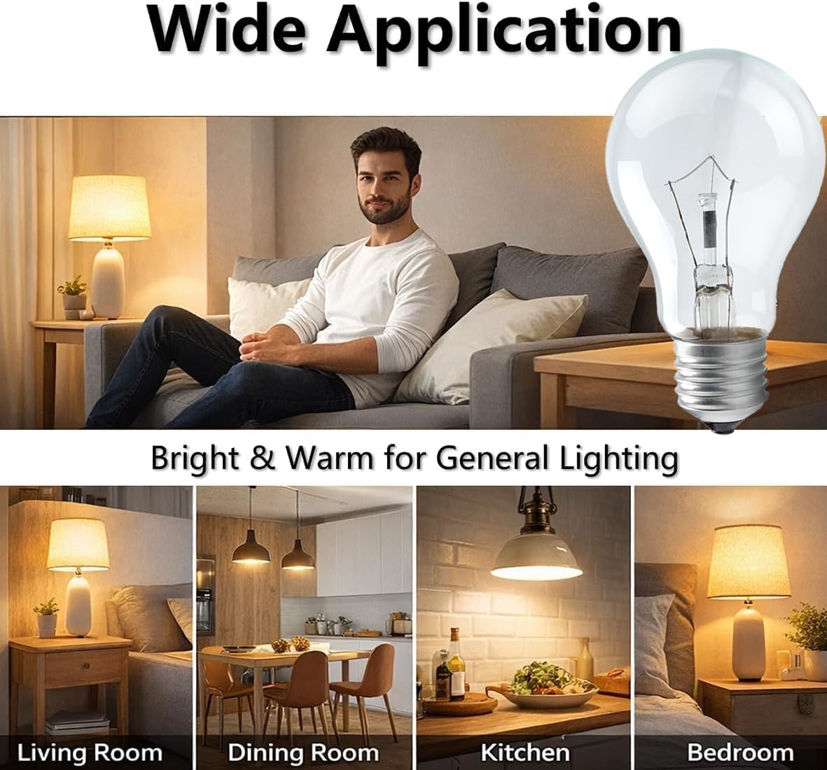 JUNFMLY 60 Watt Incandescent Light Bulbs, A19 Frosted Rough Service Light Bulb, E26 Medium Base, Soft White 2700K, Dimmable, 110-130V (4 Pack)