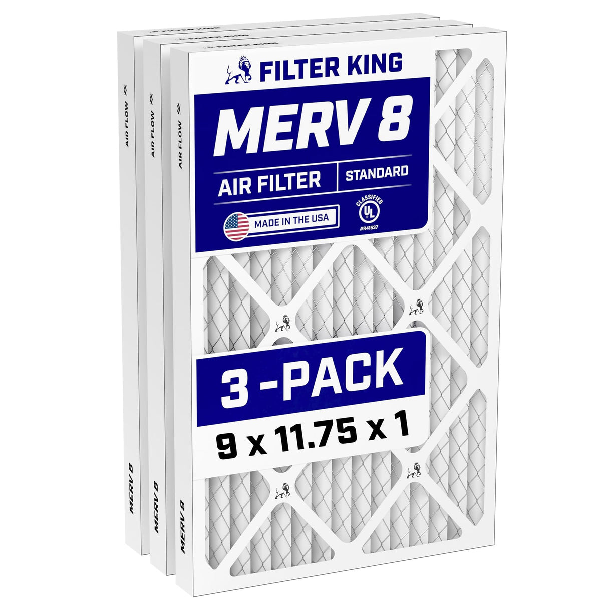 Filter King 9x11.75x1 Air Filter (MERV 8) (3-Pack) Dust & Allergy Control AC Furnace Filters, MADE IN USA, HVAC, Pleated, Electrostatic (Actual Size: 9 x 11.75 x .75)