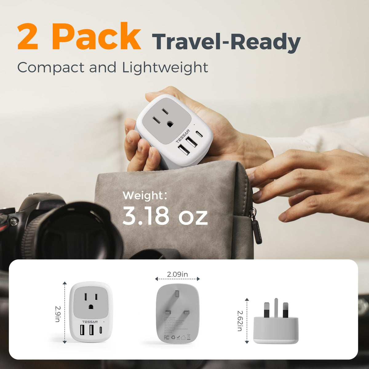 2 Pack UK Adapters for Travel, TESSAN Ireland Plug Adapter with 3 USB ...