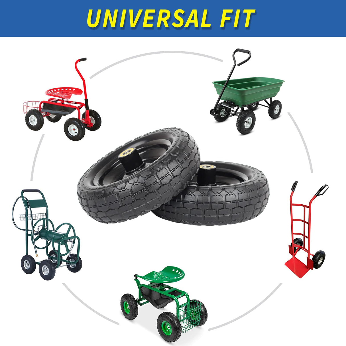 GICOOL 10" Flat-Free Solid Tire and Wheel Replacement 4.10/3.50-4, with 5/8" Axle Bore Hole, 2.2" Offset Hub, Compatible with Hand Truck Tire Garden Wagon Trolley Dolly