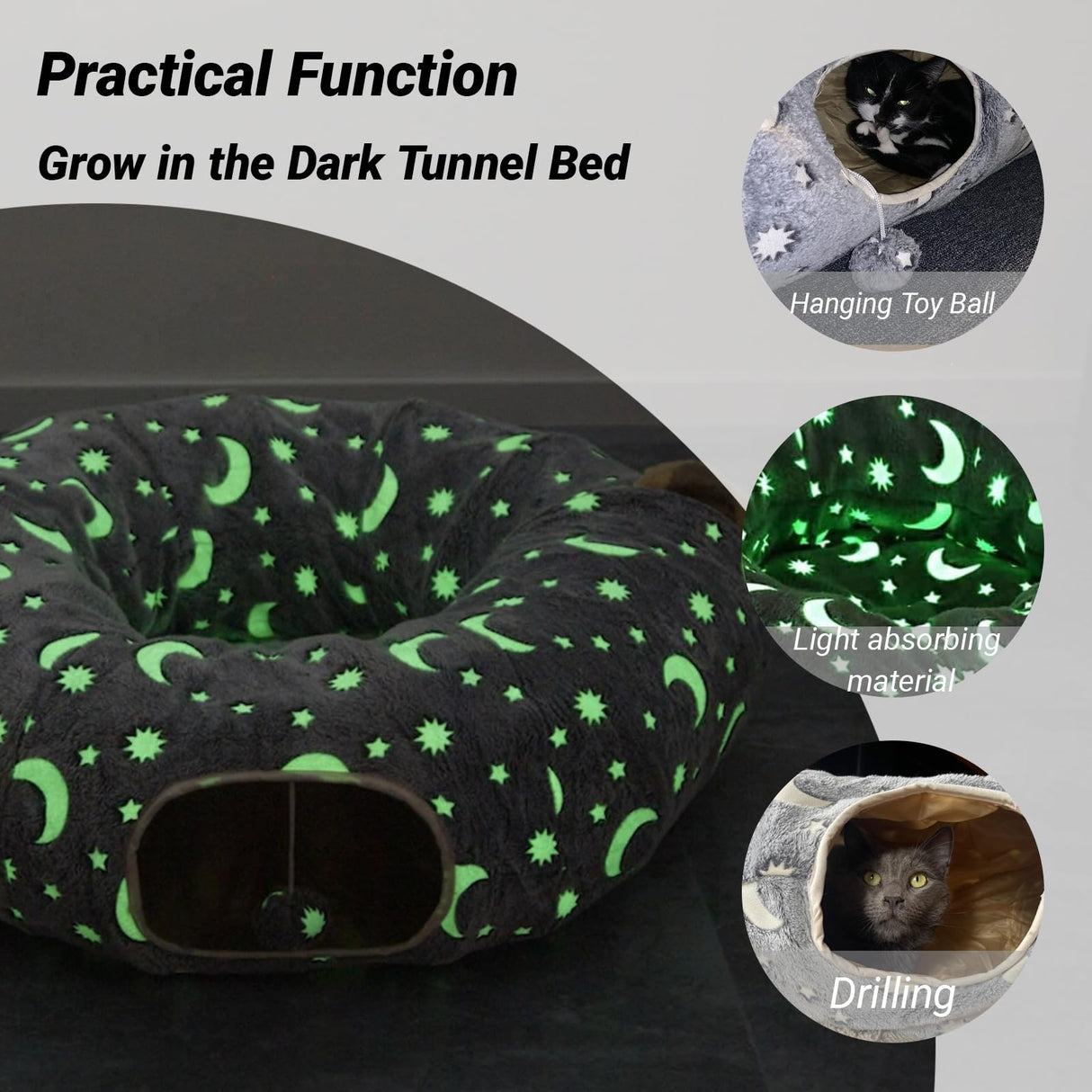 LUCKITTY Cat Tunnel Bed Under Christmas Tree with Plush Ball Toy Playground Crinkle Collapsible Self-Luminous Flannel Fabric 3FT for Large Cats Kittens Kitty Small Animals Puppy Grey Moon Star