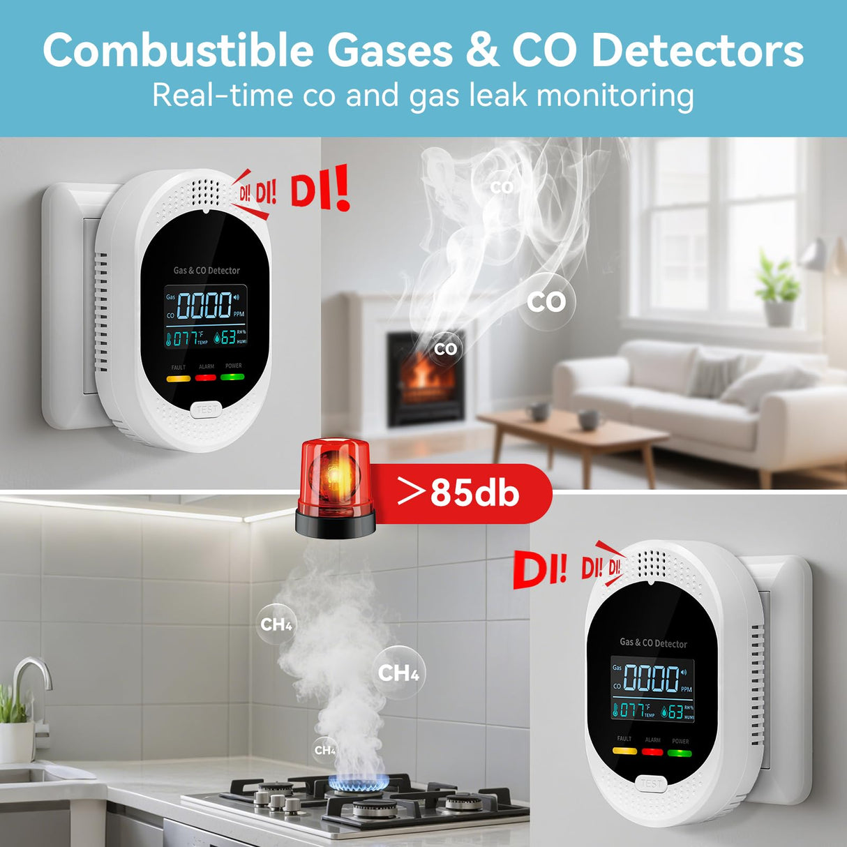 4-in-1 Carbon Monoxide Detectors,Plug in Combustible Gas Detector,Natural Gas & Co Gas Alarm Detectors with Temperature Humidity Display,Clear LCD Screen Sound Light Dual Alarm for Home RV Travel