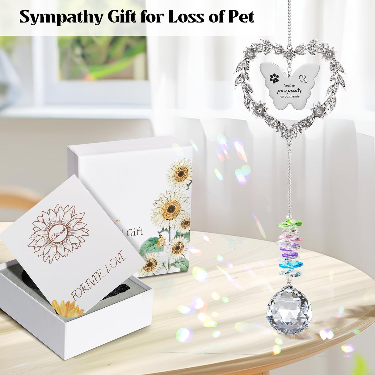 Elivida Dog Memorial Gifts for Loss of Dog, Pet Sympathy Suncatcher with Personalized Words, Cat Death Remembrance Gift for Pet Lovers, Heart Shaped Cat Bereavement Ornament with Sympathy Card