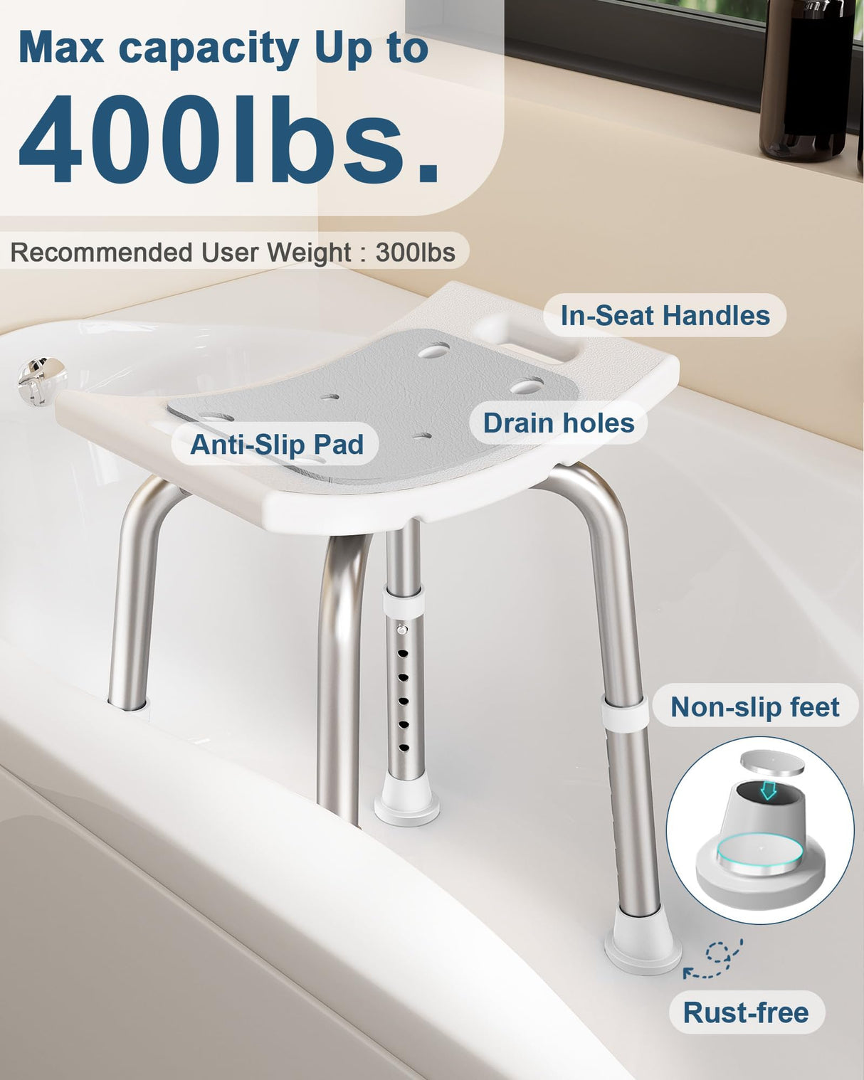 HOMLAND Shower Chair for Inside Shower, FSA/HSA Eligible 400 lbs Adjustable Shower Stool with Suction Feet, Shower Seat for Inside Tub Bathroom Bench Bath Chair for Elderly and Disabled - Light Gray