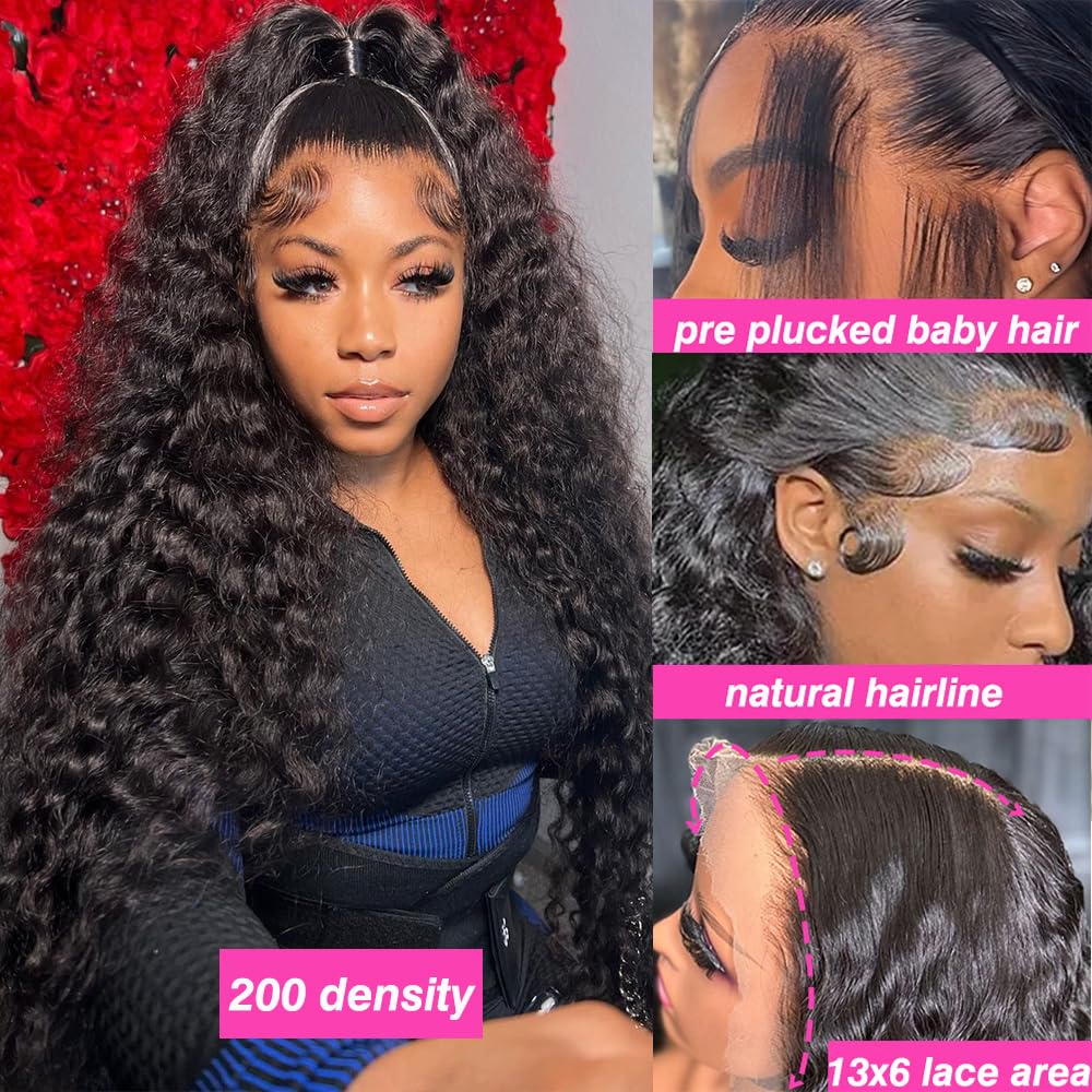 32 Inch Water Wave 13x6 HD Lace Front Wigs Human Hair 200 Density Lace Frontal Wig Human Hair Pre Plucked with Baby Hair Deep Part Curly Wig for Women