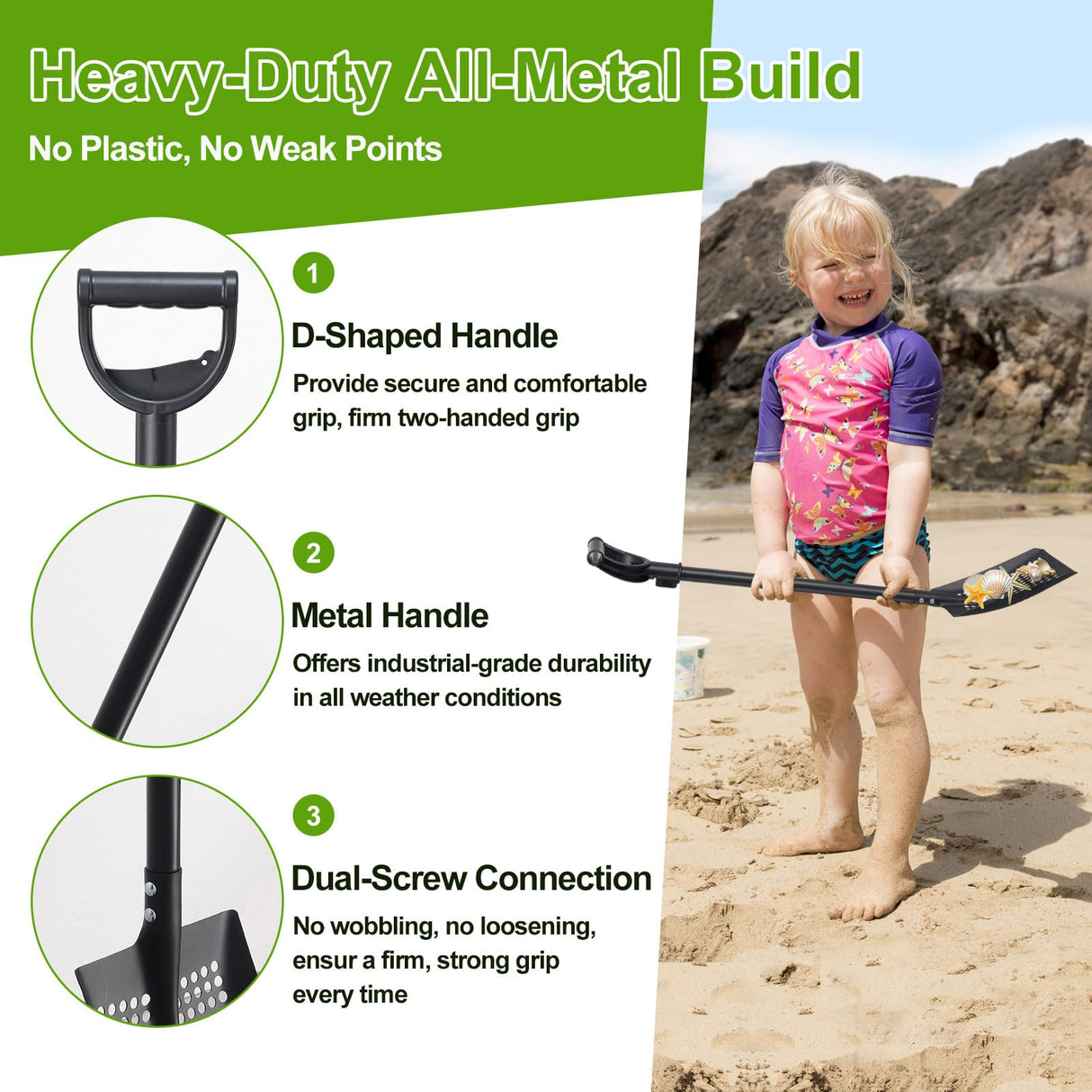 Sifter Shovel for Chicken Coop, 47 Inch Heavy Duty Beach Sifting Shovel for Sand Rock Poop Cleaning, Metal Detector Shovels for Farm, Gardening, D-Grip Handle, Square Gardening Shovels