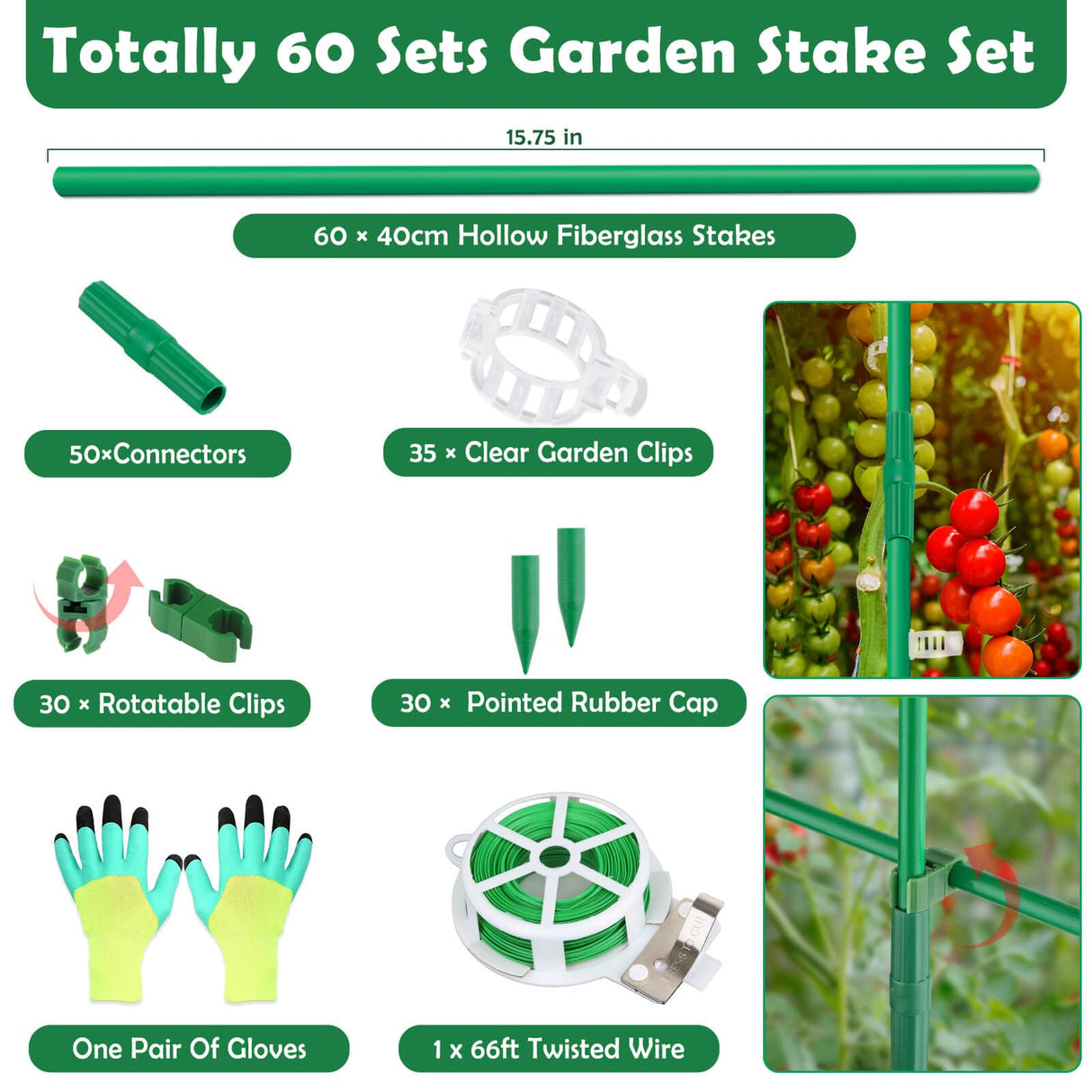 Cludoo 208PCS Garden Stakes Set with 60 Sets Fiberglass Plant Stakes Sticks Supports and Accessories, DIY 4ft 5ft 6ft 7ft Tomato Stakes for Tomato,Vegetables, Pepper, Fences Indoor Outdoor Plants