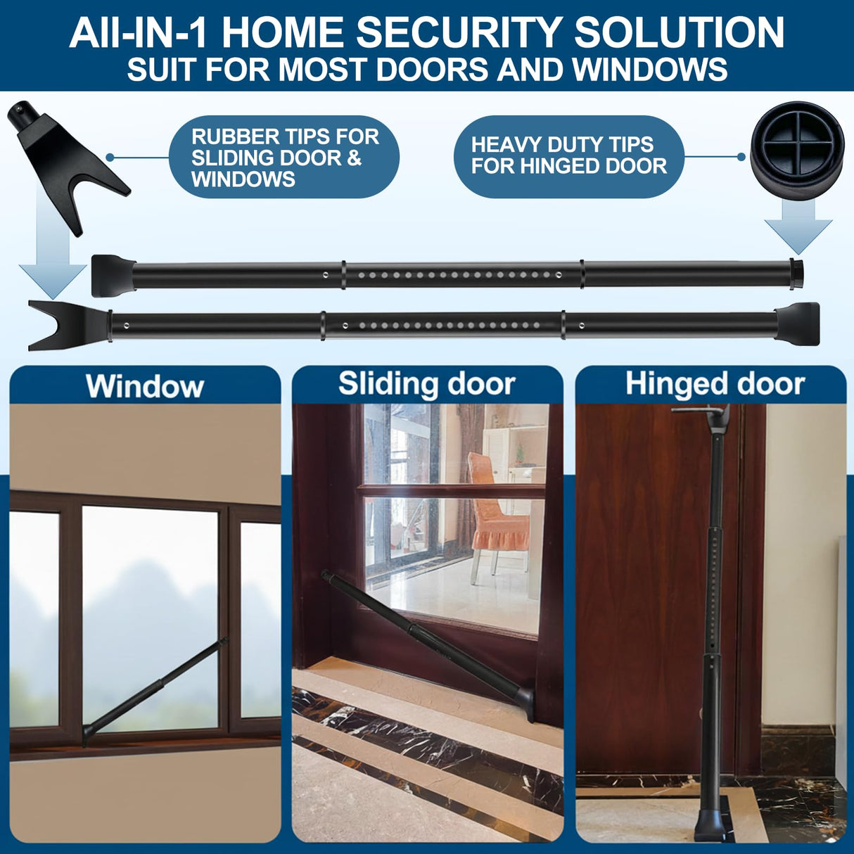 Door Security Bar, Rerishom Door Stoppers Security bar,Heavy Duty Door Lock Security Door Jammer Door Stopper for Apartment, Hotel Room,Screen Door Hardware (Dark Black, 2 Pack)