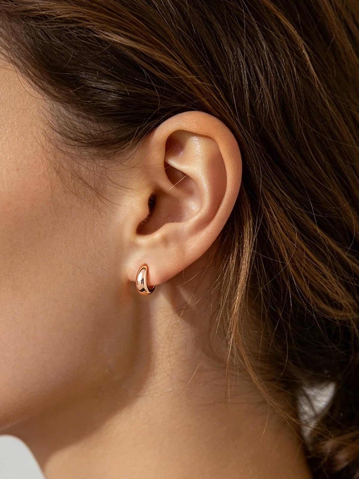 Silvora Rose Gold Huggie Earrings for Women, Small Chunky Hoops with 925 Sterling Silver Post, Lightweight Rose Gold Earrings, 8mm