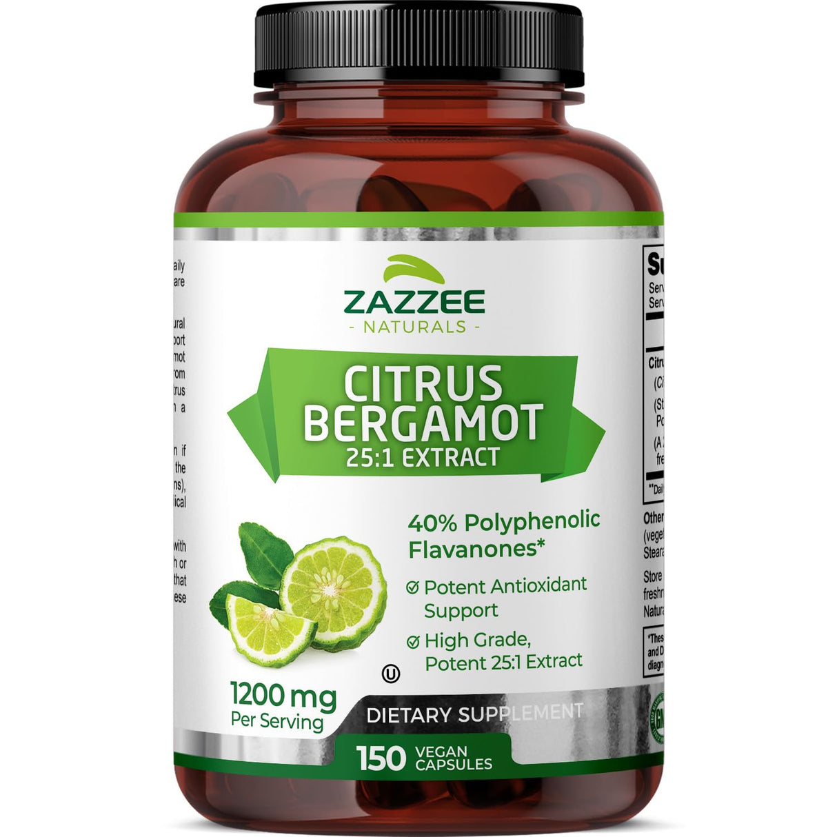 Zazzee Extra Strength Citrus Bergamot 25:1 Extract, 1200 mg per, 40% Polyphenolic Flavanones, 150 Vegan Capsules, Concentrated and Standardized 25X Potency, Non-GMO and All-Natural, Made in The USA