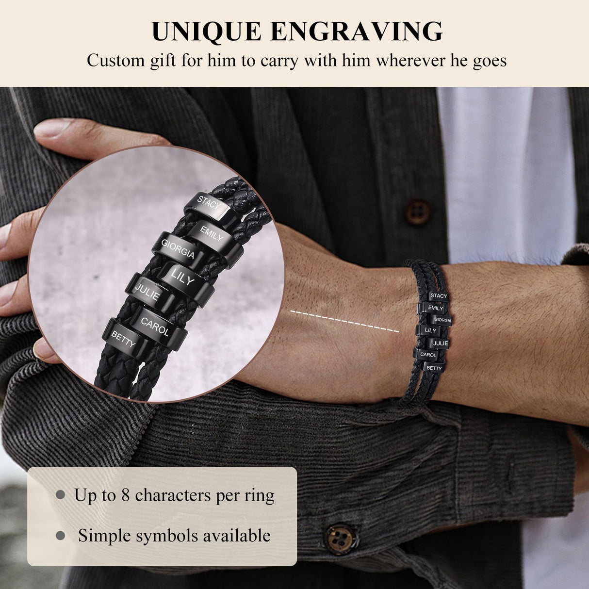 VNOX Personalized Name Dad Bracelet Giftsfor Men,Braid Leather Bracelets with 7 Custom Beads Name Bracelet for Husband Father Grandpa, Birthday Father's Day for Dad from Daughter Wife Son