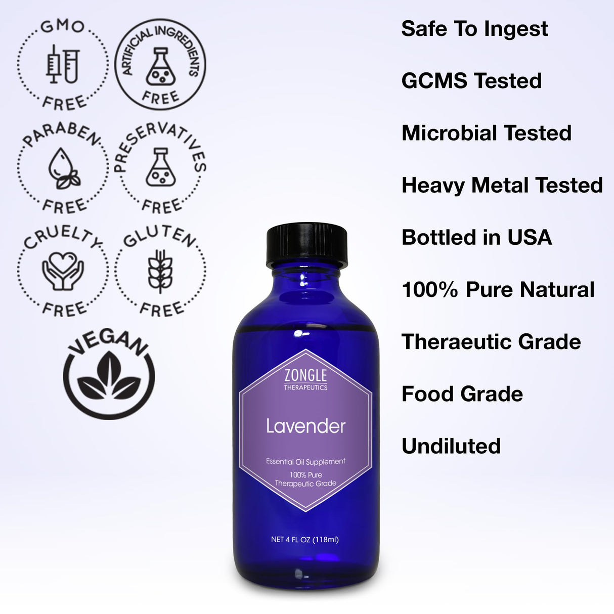 Lavender Essential Oil, Food Grade, for Drinks, Skin, Hair – 100% Pure, Lavender Oil, by Zongle Therapeutics, 4 OZ