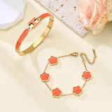 fekang Gold H Bangle & Clover Bracelet for Women -Orange bracelet Set