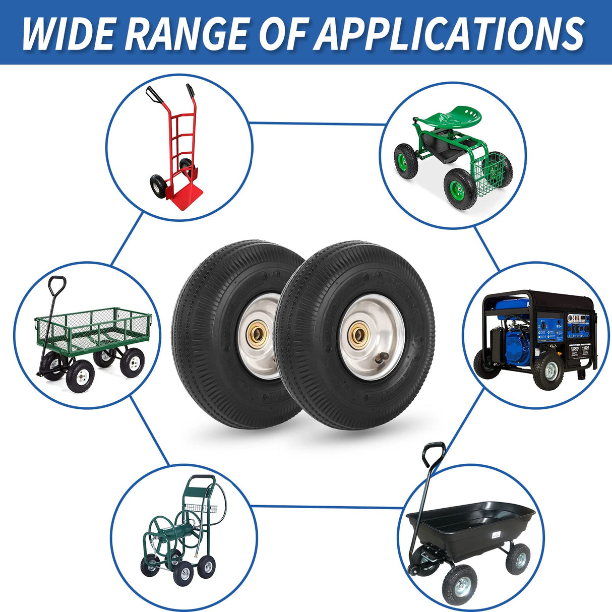 GICOOL 10" Tire and Wheel, 2 Pack, 4.10/3.50-4 Pneumatic Tire, with 2.25" Offset Hub, 5/8" Axle Bore Hole, Sealed Bearings for Hand Truck Trolley Dolly Garden Wagon Wheel Replacement