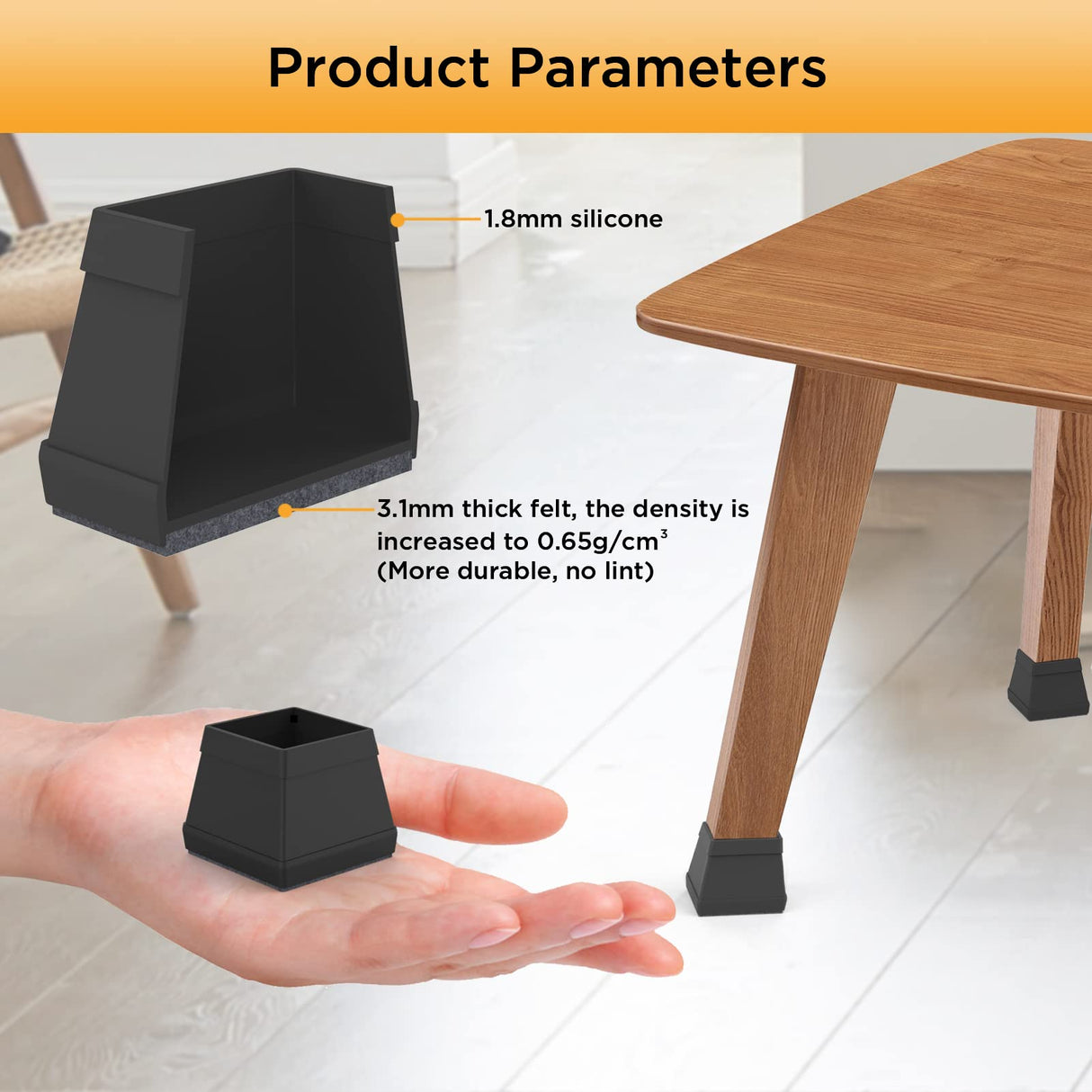 16 PCS Square Chair Leg Floor Protector, Silicone Chair Leg Cover, Furniture Leg Protectors with Felt, Mobile Table Leg pad, Protect The Floor from Scratches.1 1/2 in Black.