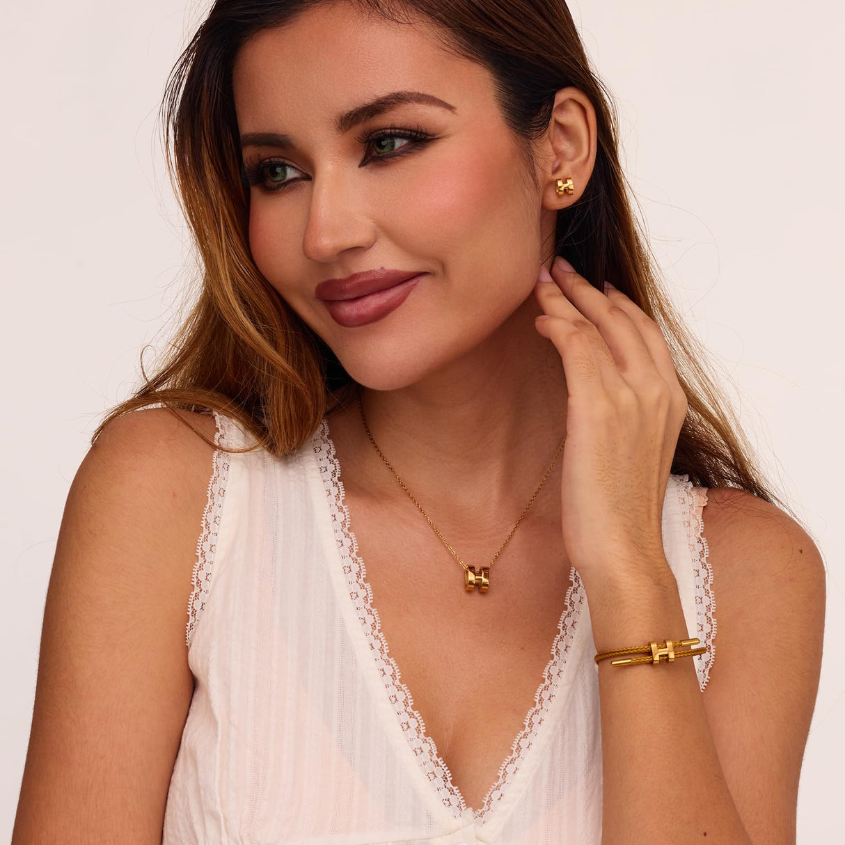 Watdoc H Jewelry Set for Women 3 Piece, H Titanium Steel Necklace, Earrings, Bracelet Set, Hypoallergenic Ear Studs, Adjustable Chain, Eco Friendly Packaging (gold)