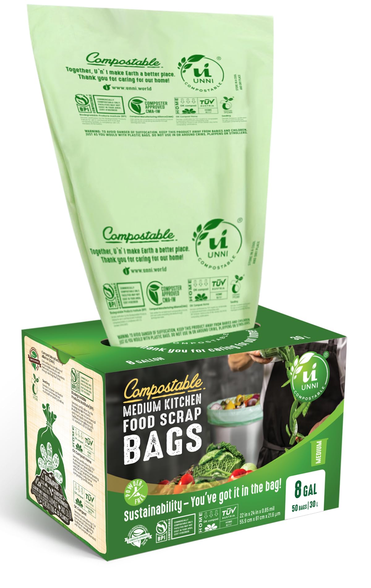 UNNI Compostable Liner Bags, 6-8 Gallon, 30 Liter, 50 Count, 0.85 Mil Heavy Duty, Food Scrap Bags for Medium Bins, ASTM D6400, US BPI, CMA and Europe OK compost HOME Certified, San Francisco
