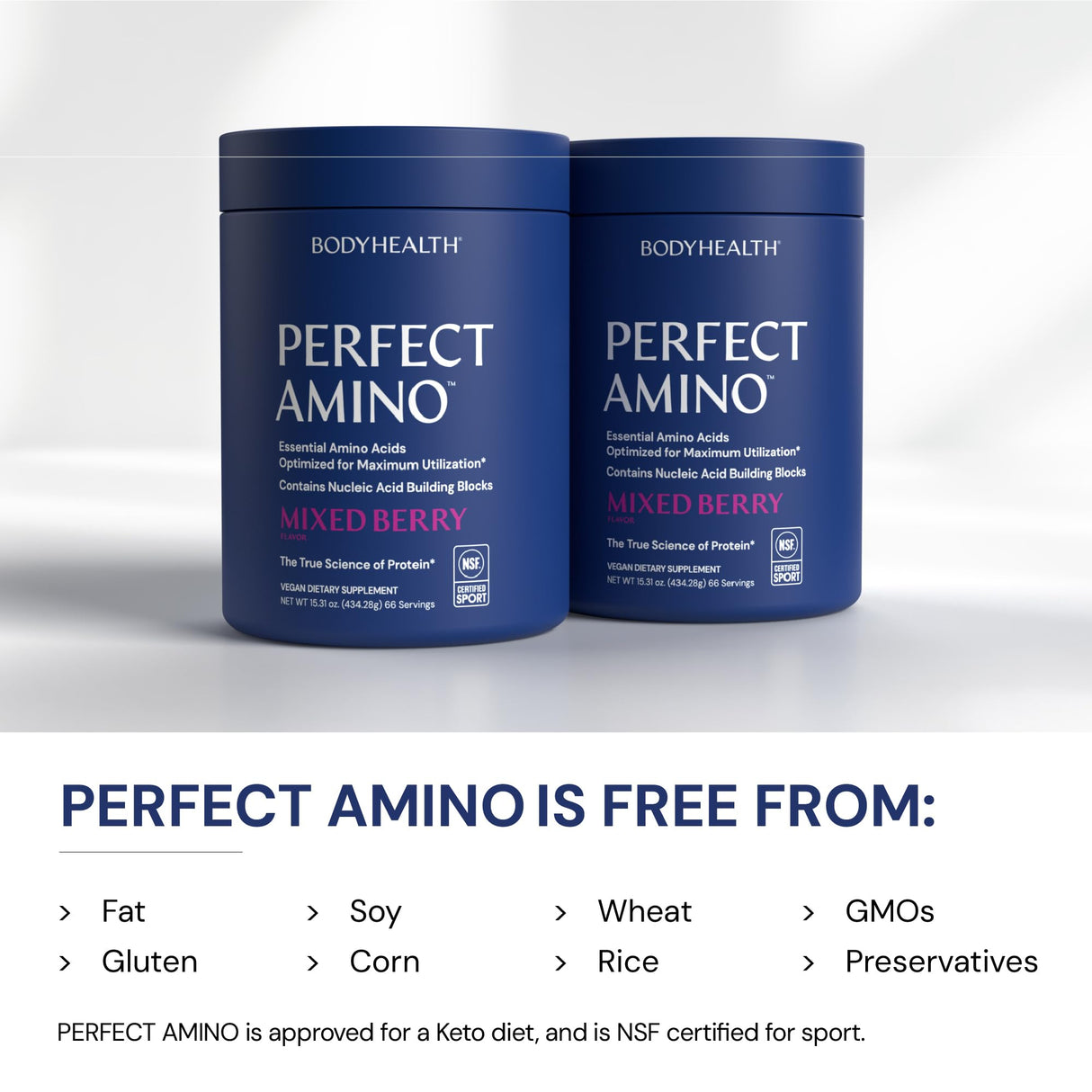 BodyHealth PerfectAmino Powder - BCAA and EAA Powder for Pre and Post Workout - Amino Acid Energy Drink to Support Lean Muscle and Recovery - NSF Certified for Sport - Mixed Berry - 66 Servings