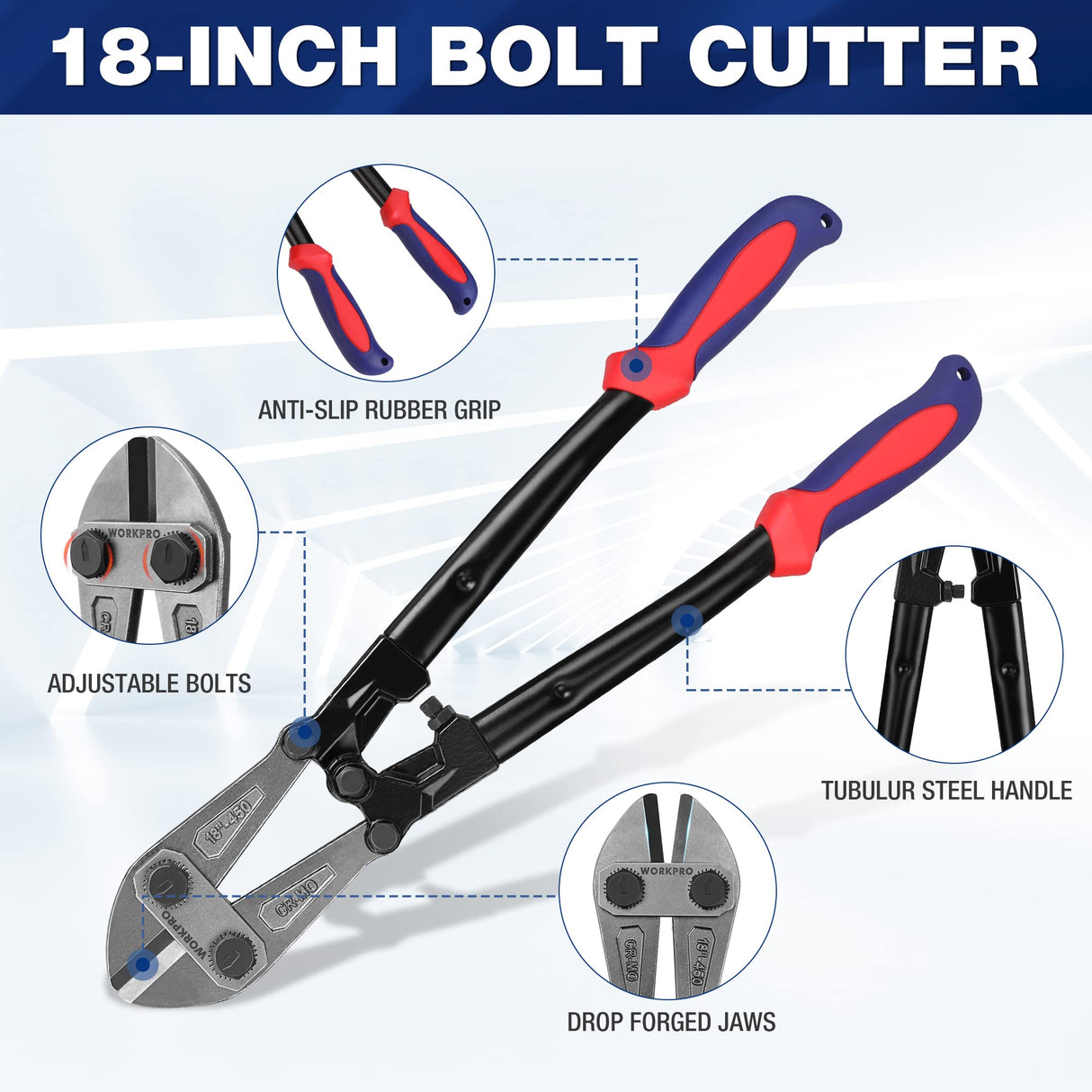 WORKPRO Bolt Cutter, Bi-Material Handle with Soft Rubber Grip, 18", Chrome Molybdenum Steel Blade, W017005A