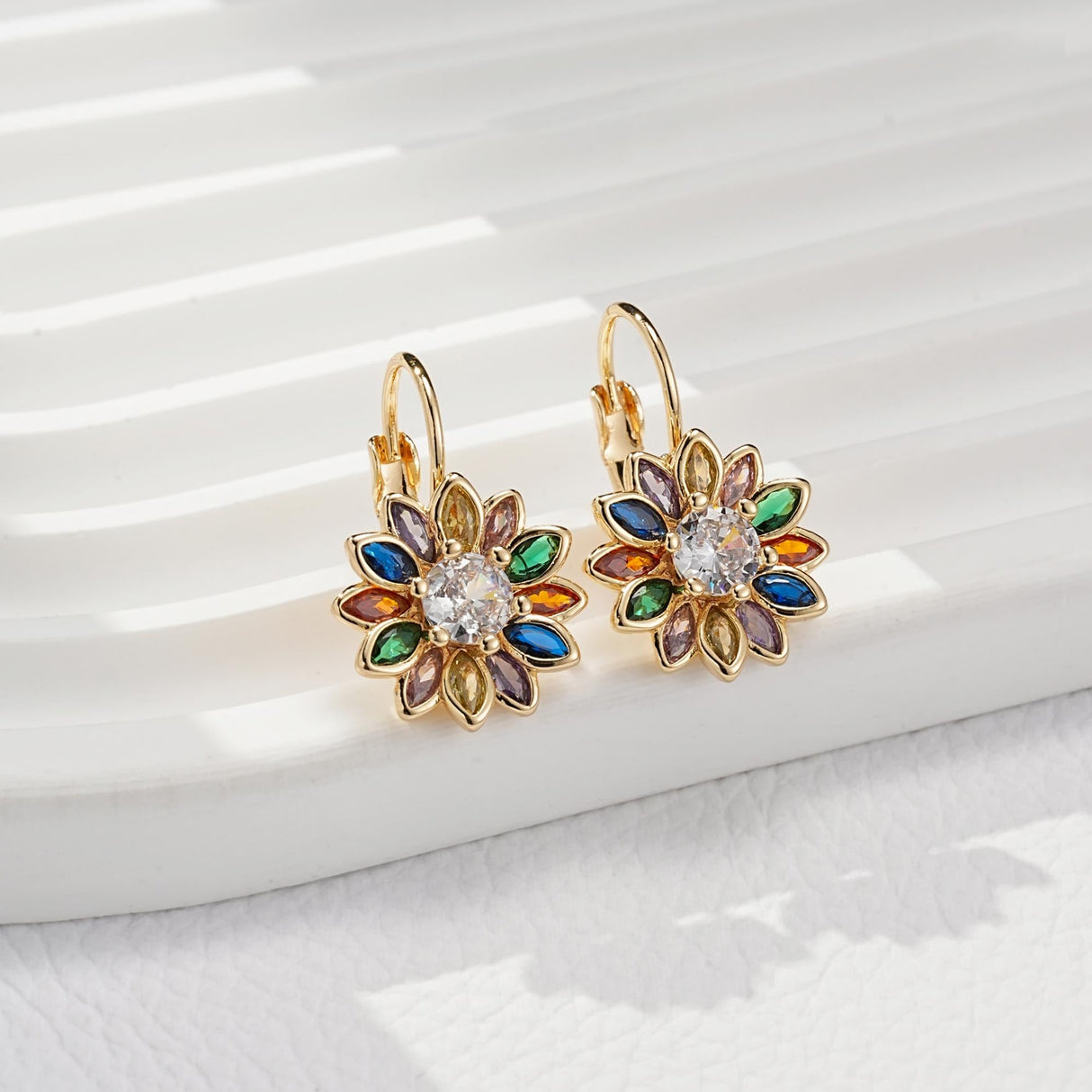 EVEVIC Austrian Crystal Flower Leverback Earrings for Women