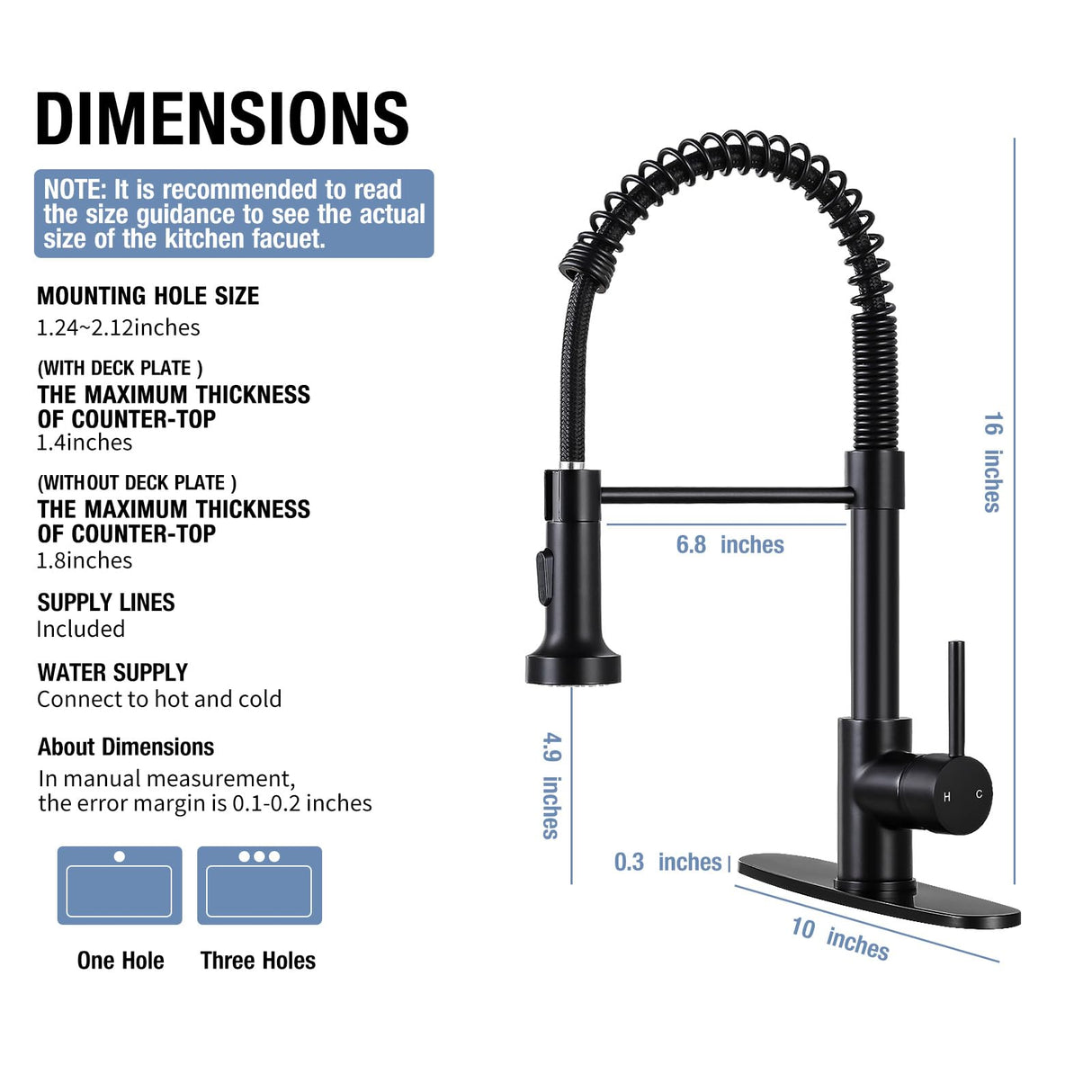 DJS Kitchen Faucets with Pull Down Sprayer Single Handle 1 or 3 Holes Spring Kitchen Sink Faucet with Deck Plate for Farmhouse RV Vessel Basin (Matte Black)