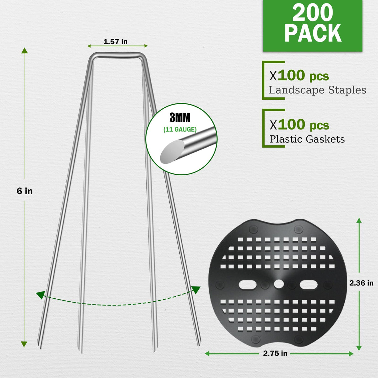 200 Pack Landscape Staples Garden Stakes 6 Inch 11 Gauge Galvanized Landscape Fabric Pins Anti-Rust Landscape Spike Heavy Duty Ground Staples for Weed Barrier, Irrigation Tubing & Lawn Decor