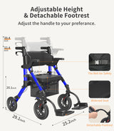 VOCIC Transport-Wheelchair-Lightweight-Foldable, Walker Wheelchair Combo, Rollator-Walkers-for-Seniors-with-Seat, 2 in 1 Rolling Walker, 300lb Adults 4 Wheel Transport Chair w/Brakes & Pouch-FSA HSA