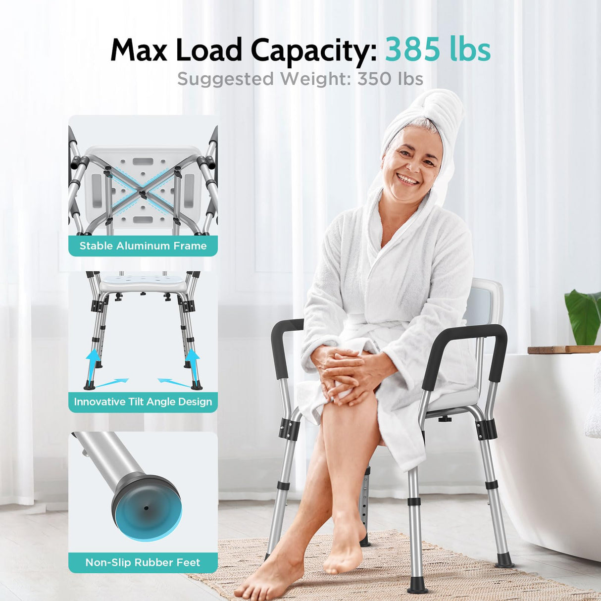 Kicimpro HSA/FSA Shower Chair for Elderly & Disabled, 10 Min Installation, Heavy Duty Bath Chair with Pad, 6 Adjustable Height Shower Seat for 5'1"-6'4" Users