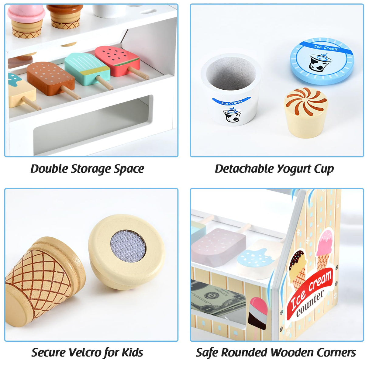 Wooden Ice Cream Toys Kids Play Store Pretend Toy for Toddlers, Play Kitchen Accessories with Scoop, Menu, Fake Money, Ice Cream Play Set Birthday Christmas Gifts for 3 4 5 6 Year Old Girls Boys