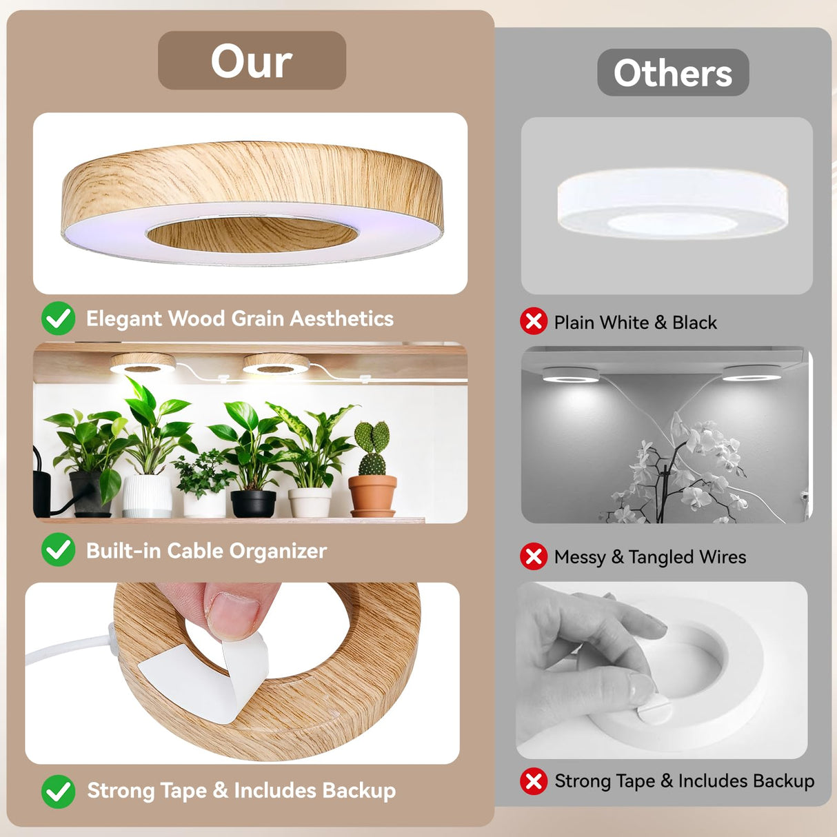 SNVHLQ 3CCT Grow Lights for Indoor Plants, 192 Full Spectrum LED Plant Light for Indoor Growing with Enhanced Red & Blue, 4/8/12H, 10 Brightness, 2 in 1 Small Ceiling Grow Light Wood Grain, 4-Head