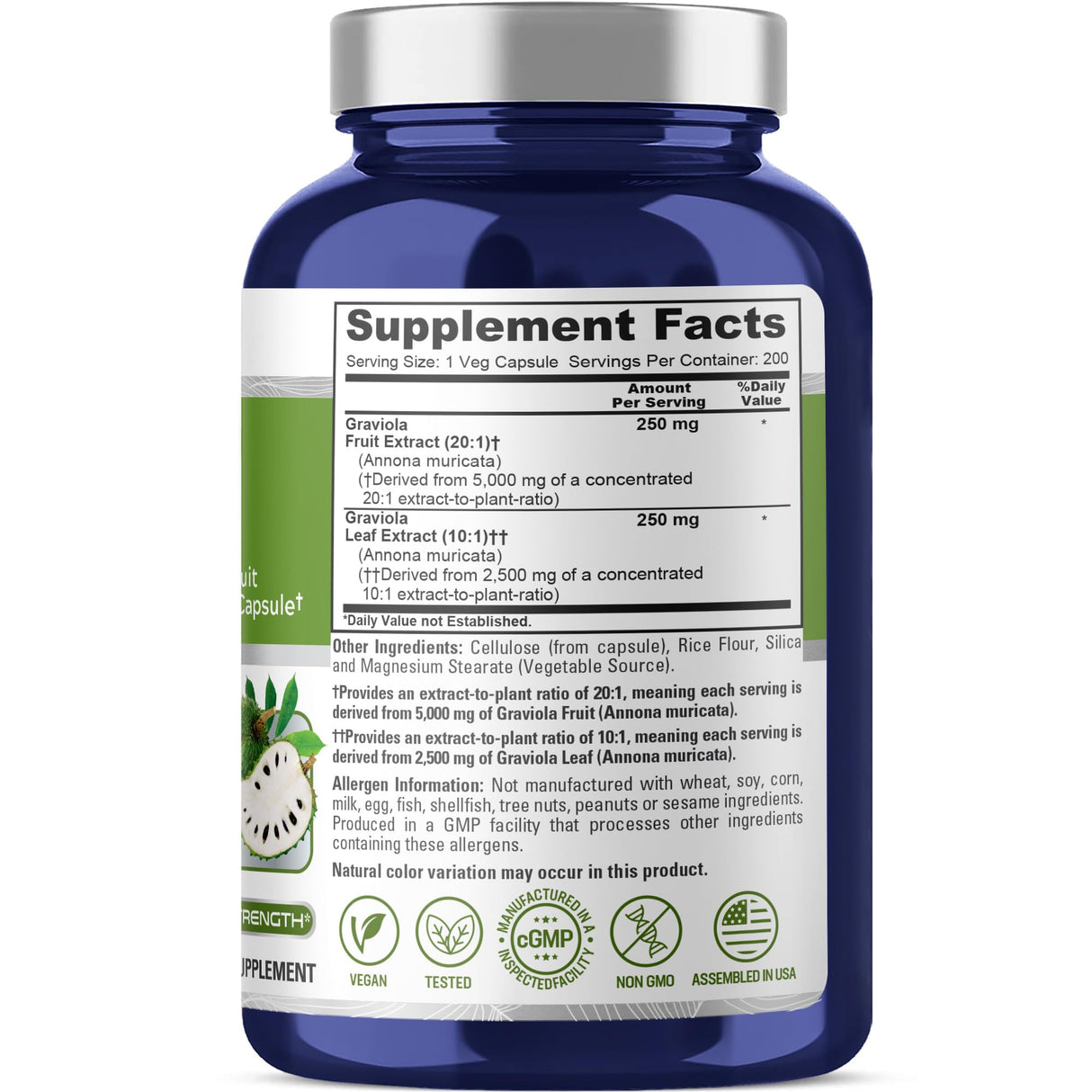 NusaPure Graviola 20:1 & 10:1 Extract, 250 mg Equivalent to 7,500 mg per caps 200 Veggie (Vegan, Non-GMO)
