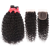 10A Water Wave Bundles with Closure (16 18 20 +14) Wet and Wavy Brazilian Virgin Human Hair 3 Bundles with 4x4 Lace Closure with Baby Hair Free Part 1B# Curly Wave Human Hair Extensions
