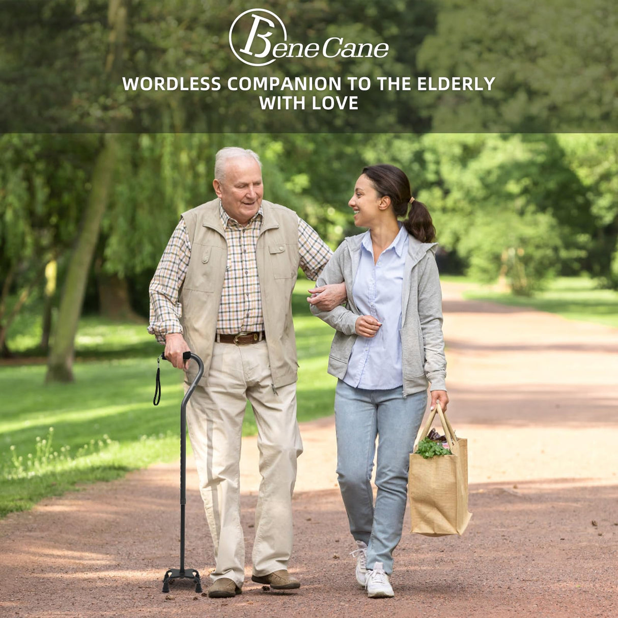 BeneCane Quad Cane Adjustable Walking Cane with Offset Soft Cushioned Handle for Men & Women Lightweight Comfortable with 4-Pronged feet for Extra Stability(Black)
