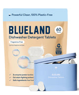 BLUELAND 100% Plastic-Free Dishwasher Detergent Tablets, Starter Set, 60 Count with Tin, Unscented Eco Friendly Dishwashing Pods, Natural, Sustainable