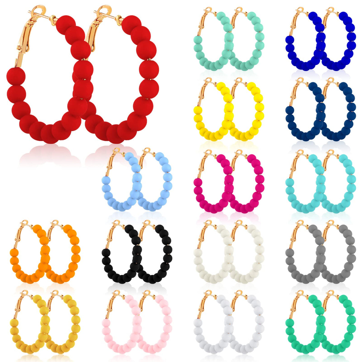 Sureio 16 Pairs Beaded Hoop Earrings Women Round Bead Earrings, 1.37 Inch