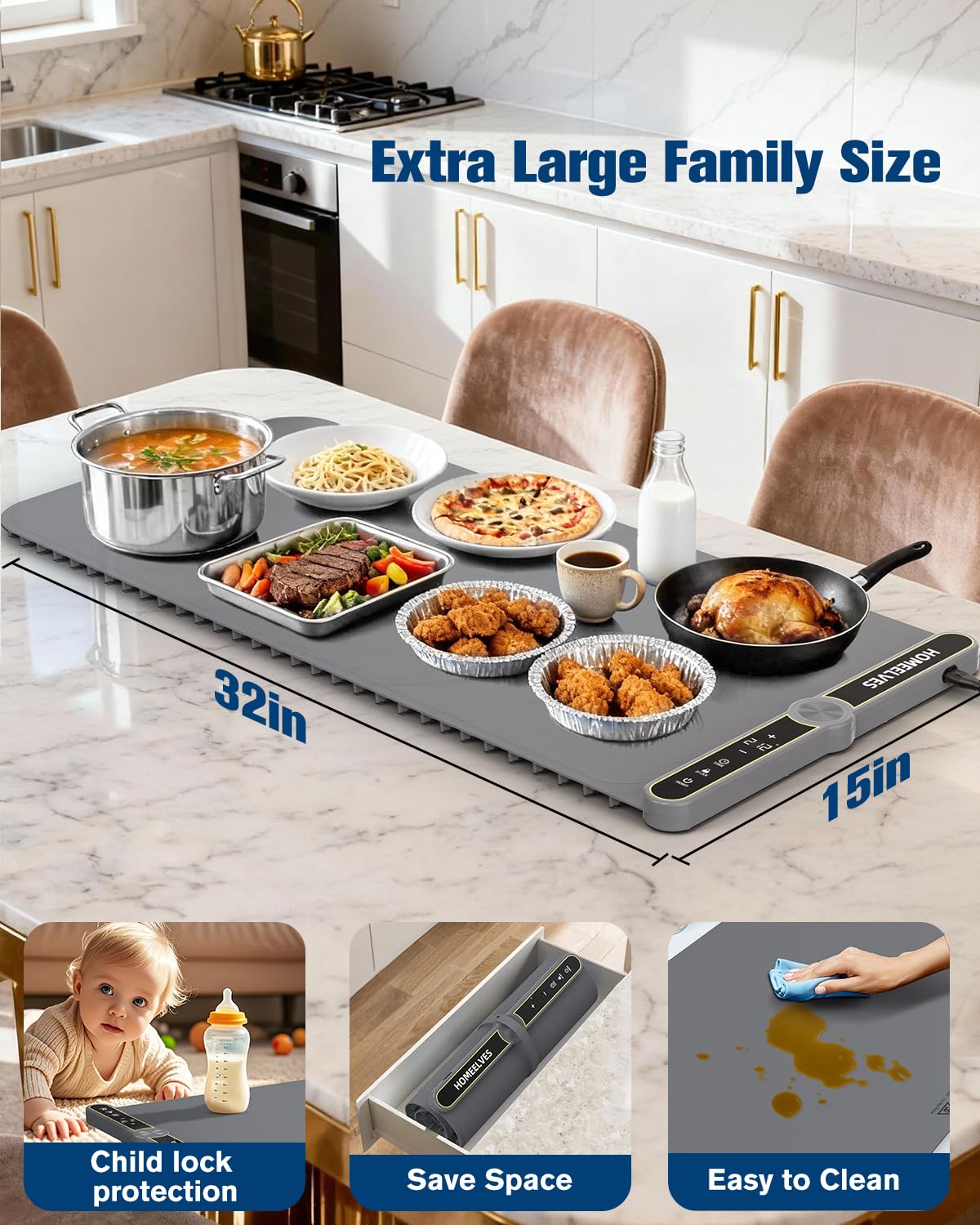 Food Warming Mat Extra Large, Rapid Heating Electric Warming Tray with 9 Temp Setting and 6 Hours Timer,Foldable Warming Trays for Food, Portable Food Warmers for Parties Buffet, Gray