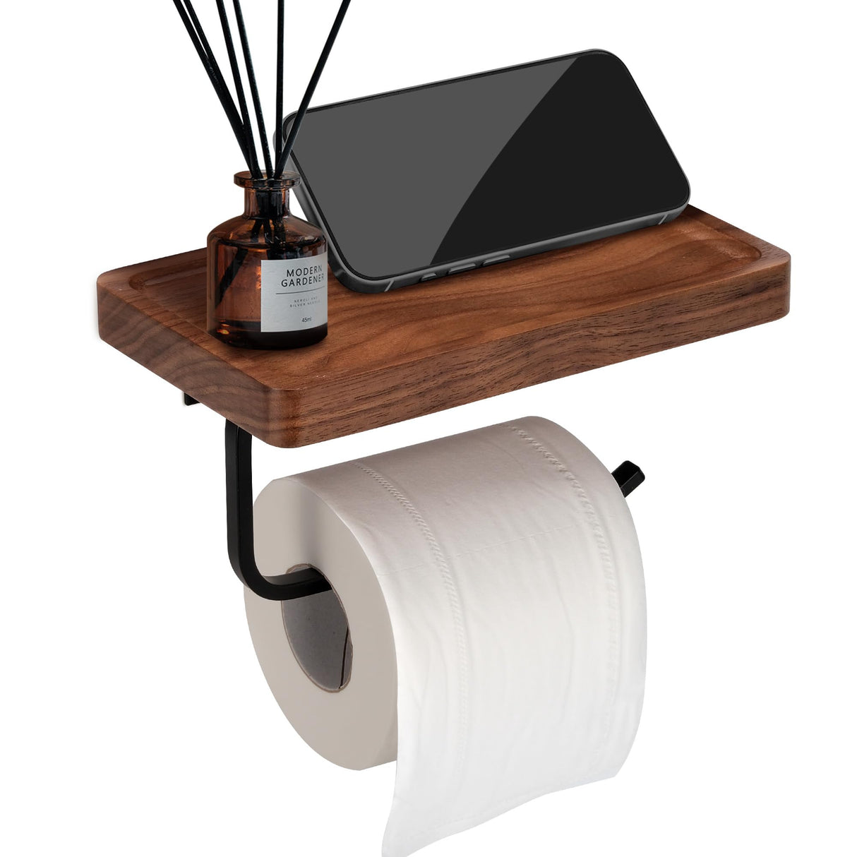 TOKCKYBL Toilet Paper Holder with Walnut Wood Shelf - Wall Mount & Self-Adhesive Bathroom Tissue Holder, Black Stainless Steel with Walnut Shelf for Phone - Home Apartment Restroom Decor Essentials