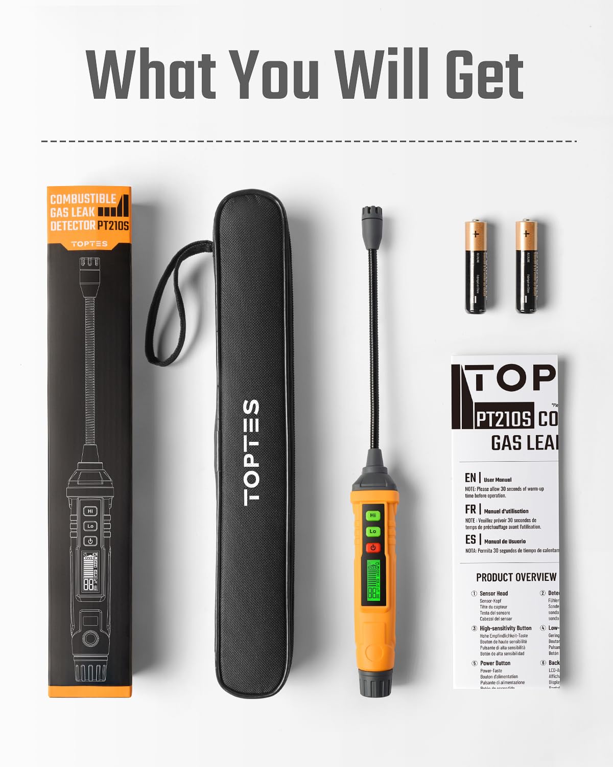 TopTes PT210S Gas Leak Detector, Natural Gas Detector with 4-inch Probe, Propane Leak Detector Locating Combustible Gases Like Natural Gas, Methane for Home, Measures%LEL (Incl. Batteries) - Orange