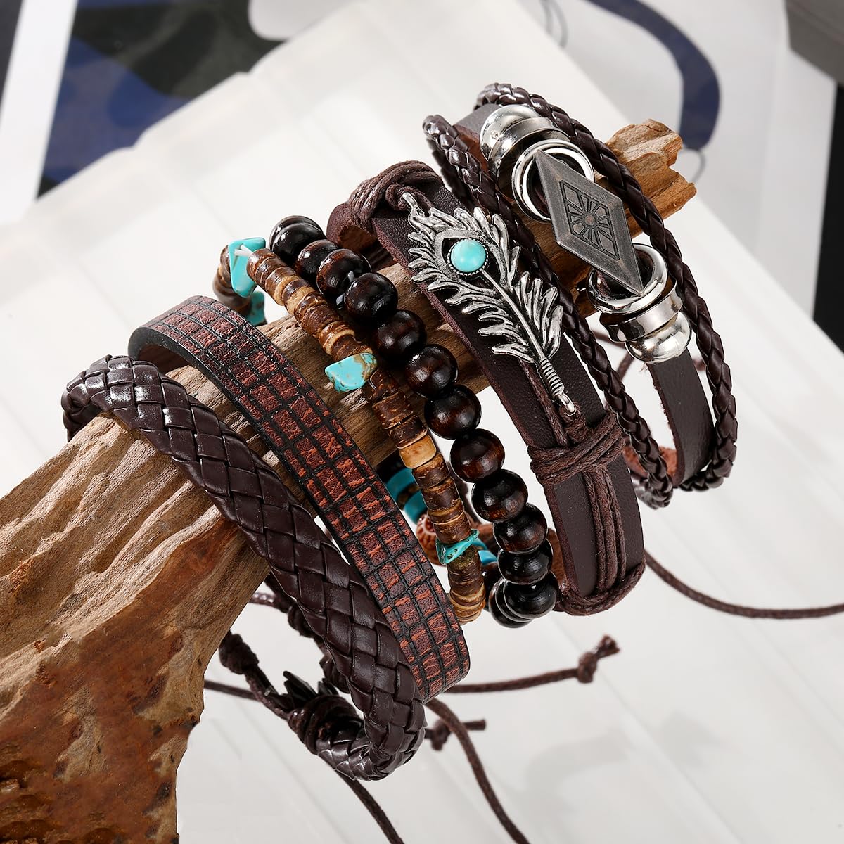KISS WIFE PU Leather Bracelets for Men, Punk Skull Braided Bracelet Se