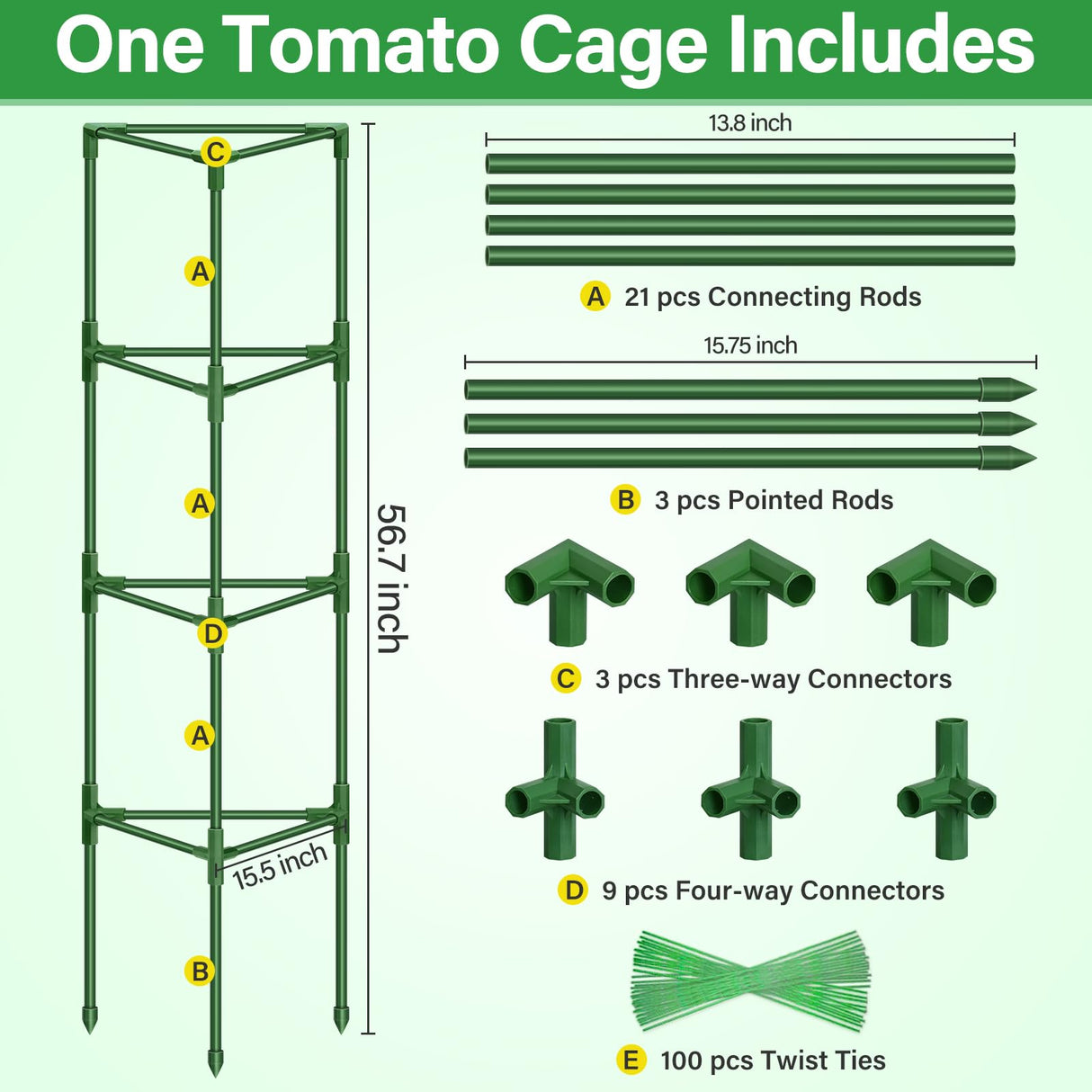 Legigo 2 Pack 57 Inch Tomato Cage for Garden, Heavy-Duty Tomato Trellis Plant Support Stakes, Adjustable Garden Trellis Plant Cage for Climbing Plants Peppers Outdoor Raised Garden Bed and Vegetables