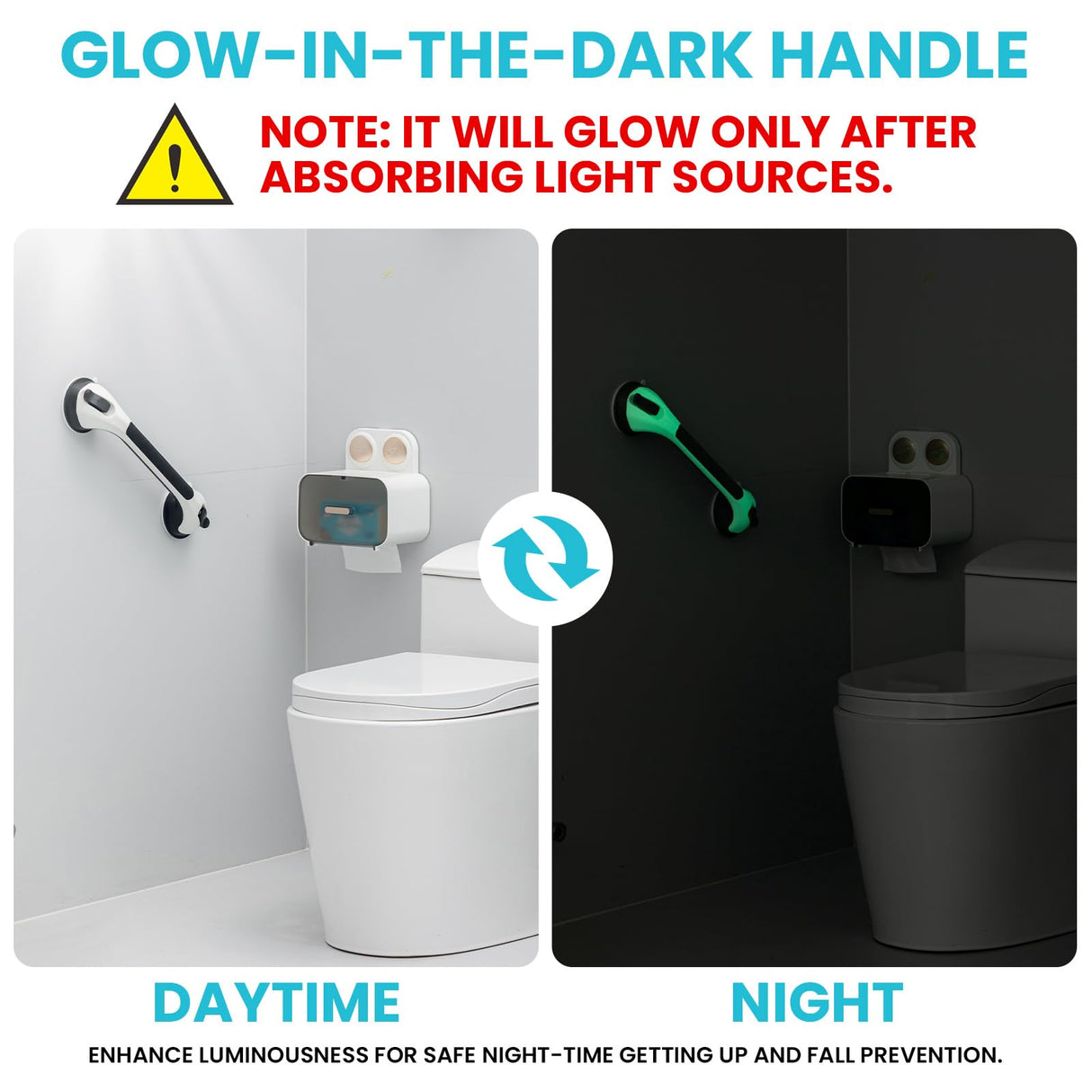 TAILI Shower Grab Bar Glow in The Dark, 2 Pack 16.8 in Grab Bars for Bathtubs, Bath Handle Shower Rail for Seniors and Elderly,Bathroom Safety Grip Removable No Drilling Waterproof Black