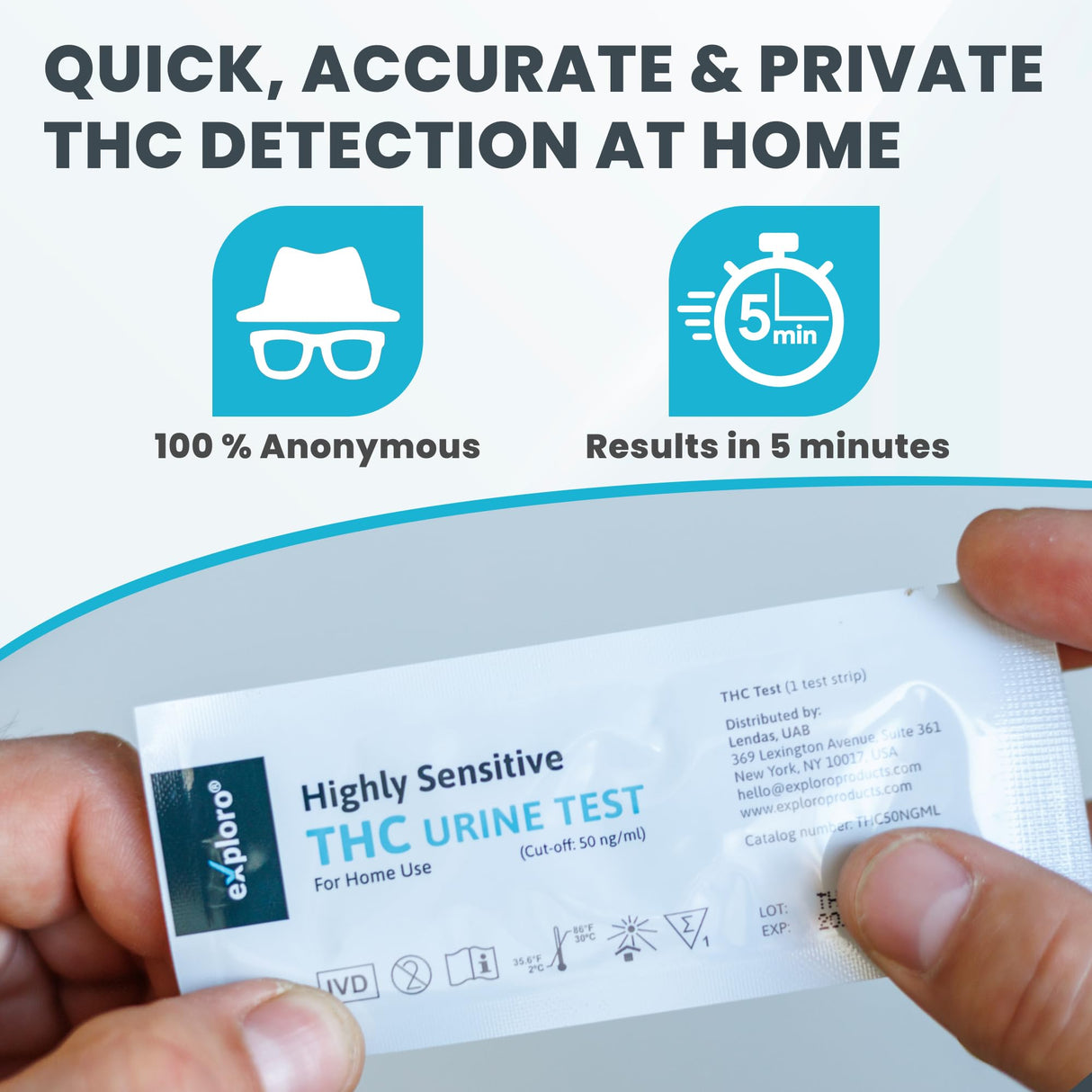 Exploro Highly Sensitive Marijuana Drug Test Kit, THC Drug Test Urine for Marijuana/Weed, Easy Home Drug Test Marijuana, THC Tests for Home for 50 ng/ml, THC Test Strips (Pack of 50)