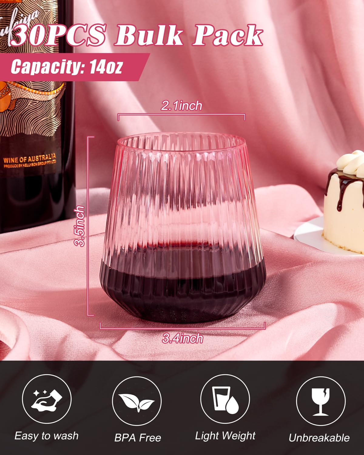 30 Pack Pink Plastic Ribbed Wine Glasses, 14 OZ Origami Stemless Disposable Wine Champagne Whiskey Glasses Unbreakable Clear Plastic Cocktail Glasses, Reusable Wine Cups for Party Wedding & Christmas